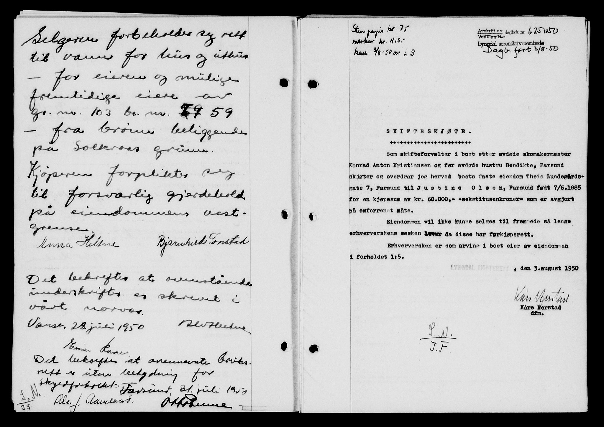 Lyngdal sorenskriveri, AV/SAK-1221-0004/G/Gb/L0665: Mortgage book no. A XI, 1950-1950, Diary no: : 625/1950