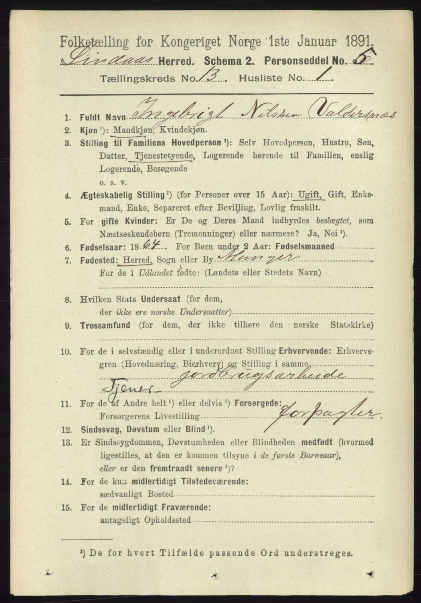 RA, 1891 census for 1263 Lindås, 1891, p. 4546