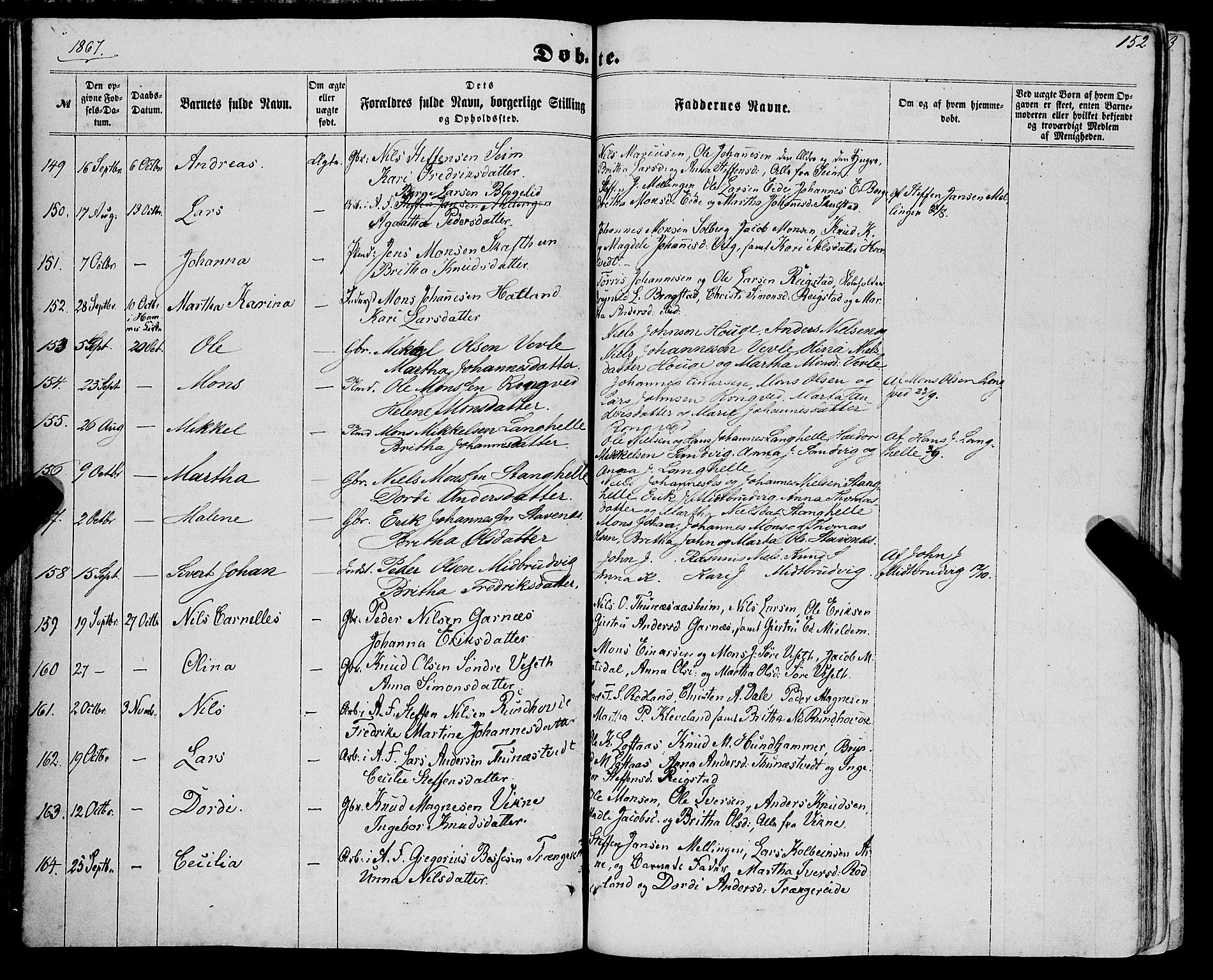 Haus sokneprestembete, AV/SAB-A-75601/H/Haa: Parish register (official) no. A 17, 1858-1870, p. 152