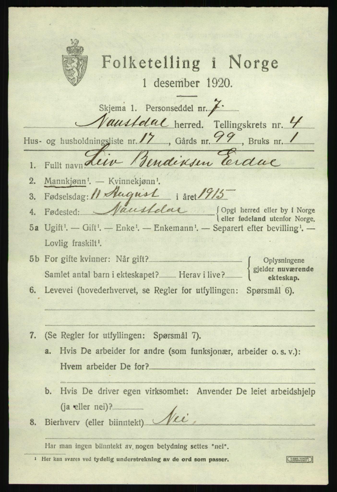 SAB, 1920 census for Naustdal, 1920, p. 2523