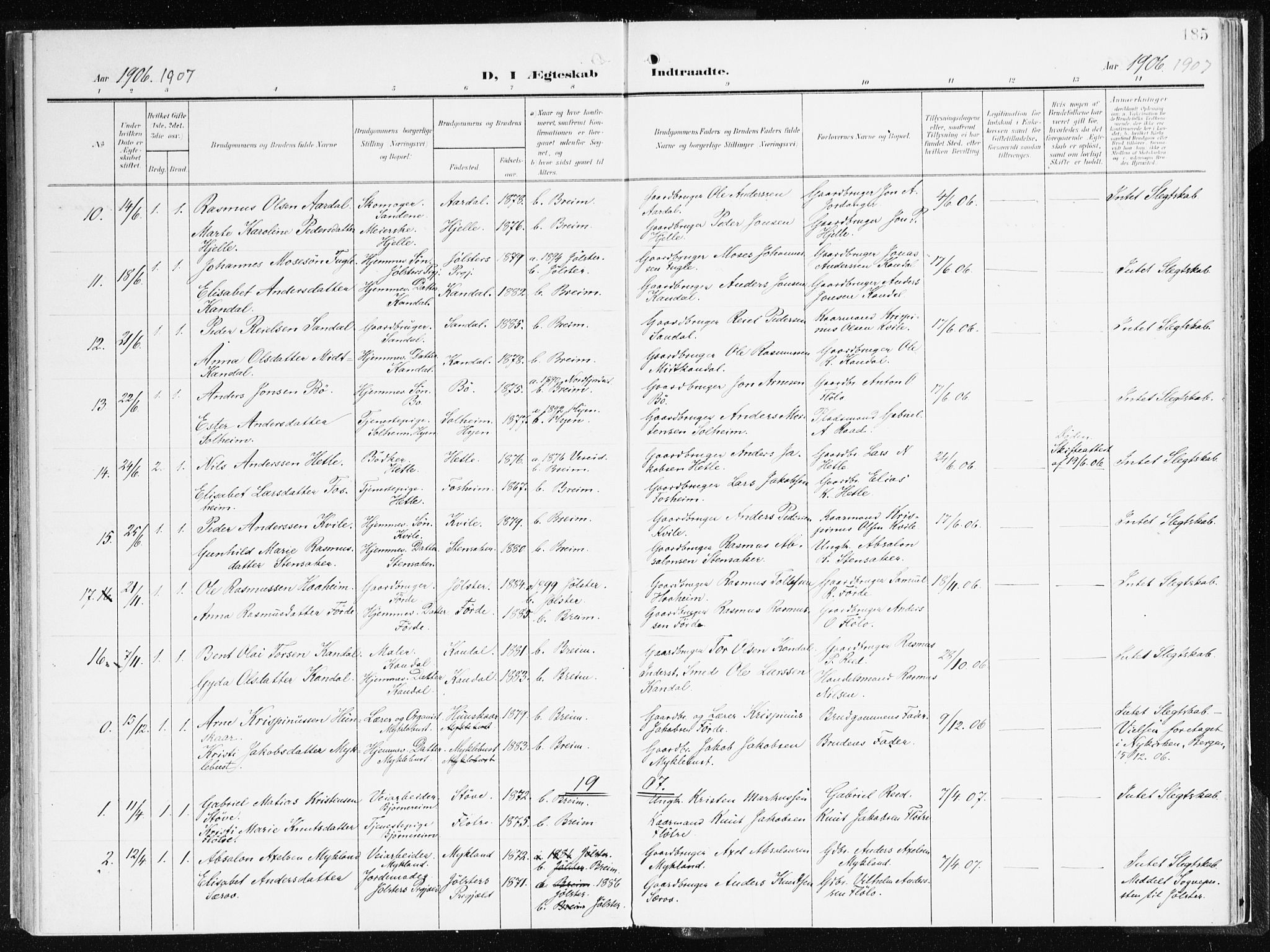 Gloppen sokneprestembete, SAB/A-80101/H/Haa/Haac/L0003: Parish register (official) no. C 3, 1904-1921, p. 185