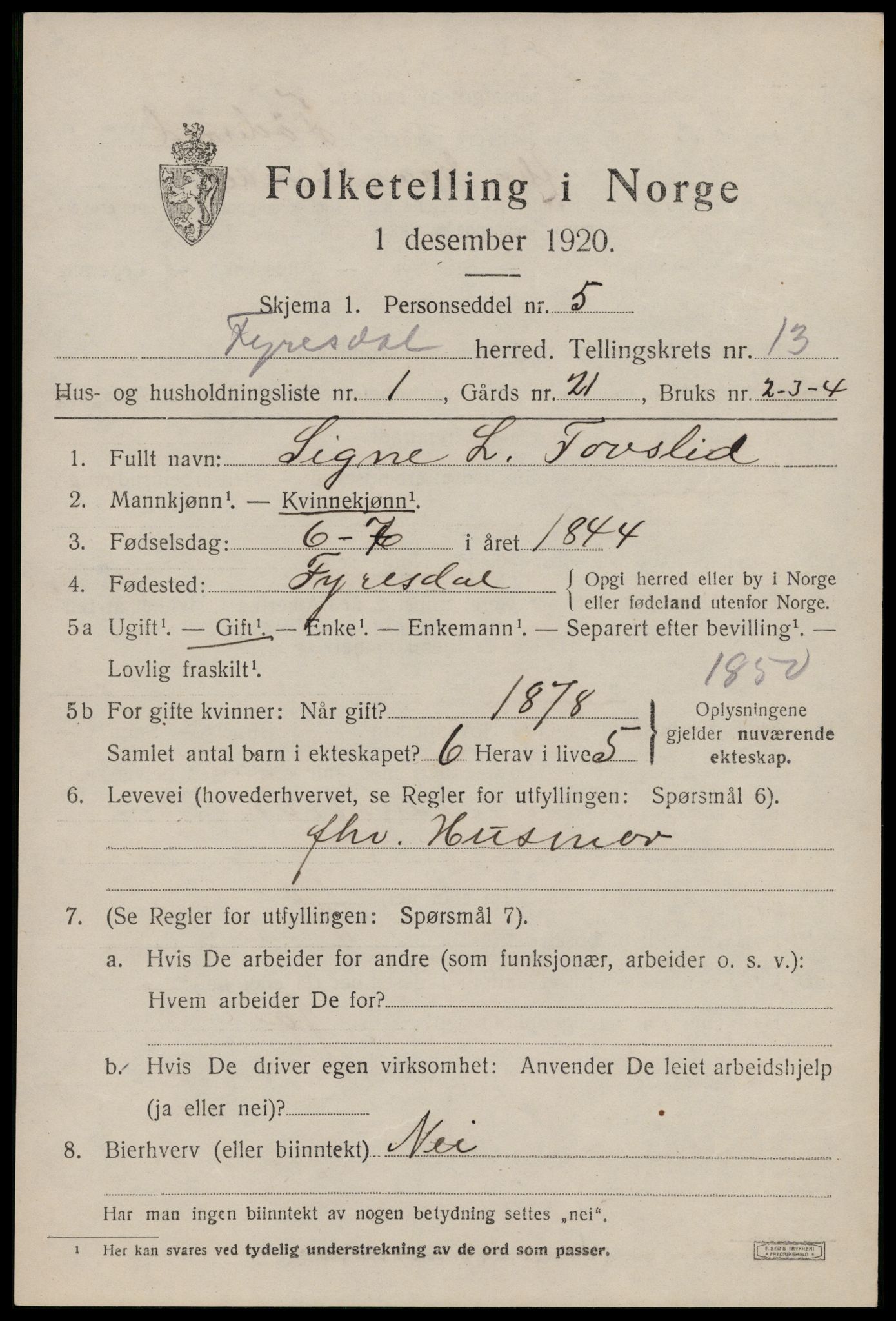 SAKO, 1920 census for Fyresdal, 1920, p. 4271