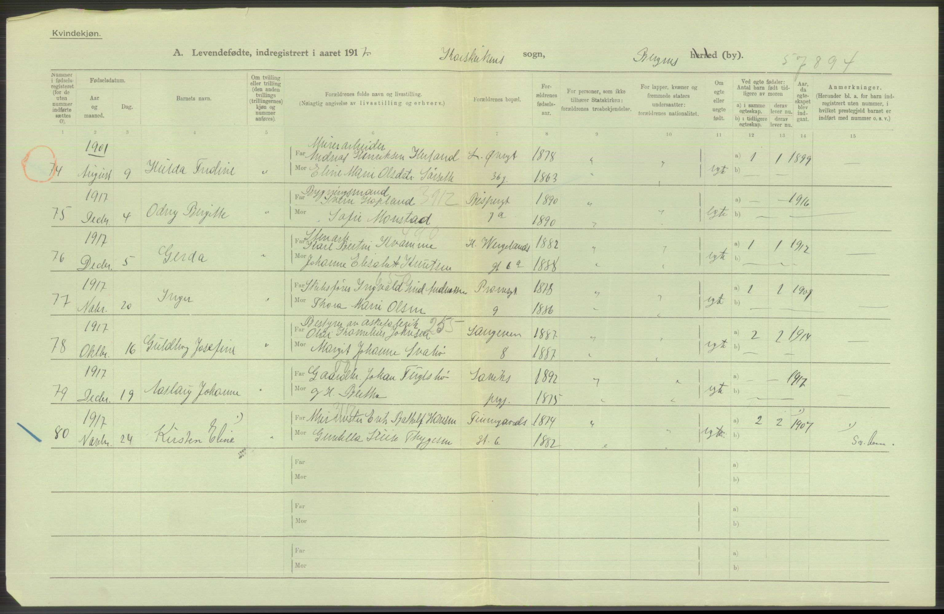 Statistisk sentralbyrå, Sosiodemografiske emner, Befolkning, AV/RA-S-2228/D/Df/Dfb/Dfbg/L0037: Bergen: Levendefødte menn og kvinner., 1917, p. 372