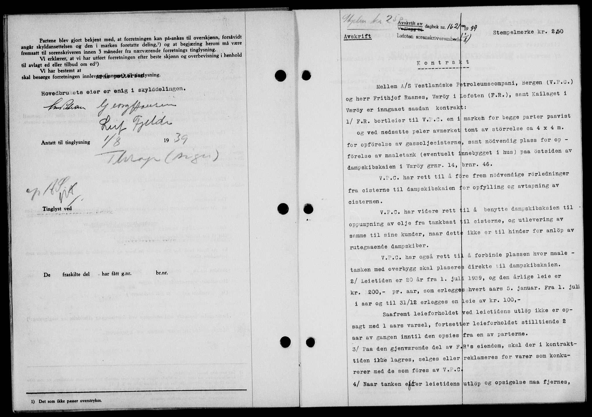 Lofoten sorenskriveri, SAT/A-0017/1/2/2C/L0006a: Mortgage book no. 6a, 1939-1939, Diary no: : 1621/1939