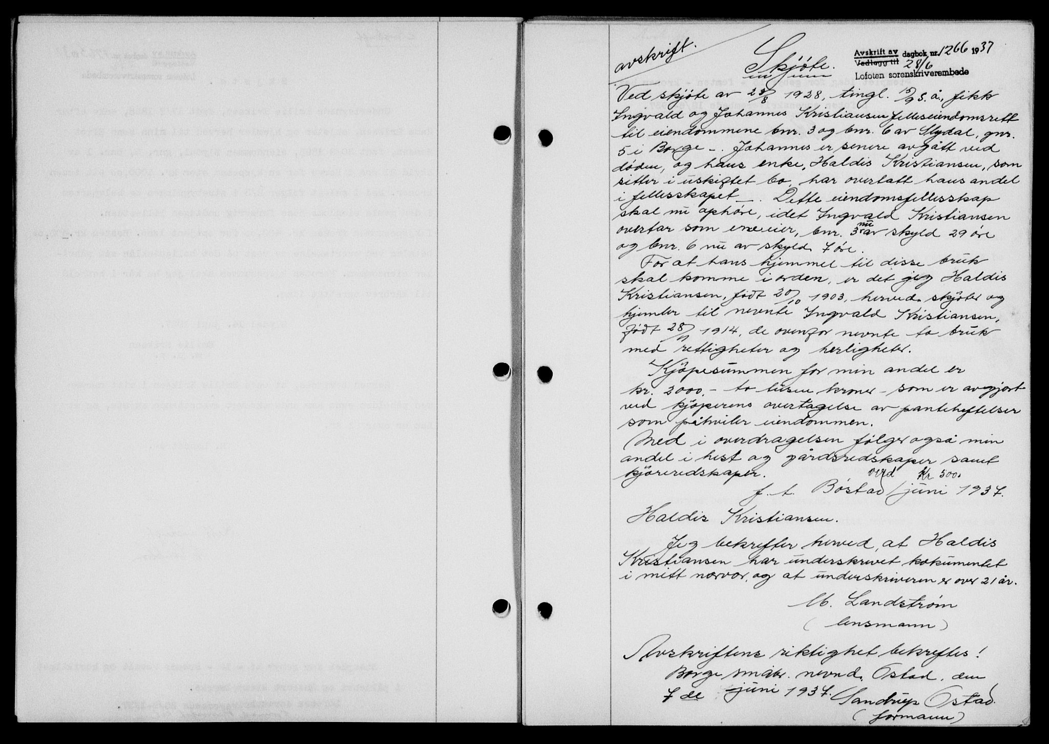 Lofoten sorenskriveri, SAT/A-0017/1/2/2C/L0002a: Mortgage book no. 2a, 1937-1937, Diary no: : 1266/1937