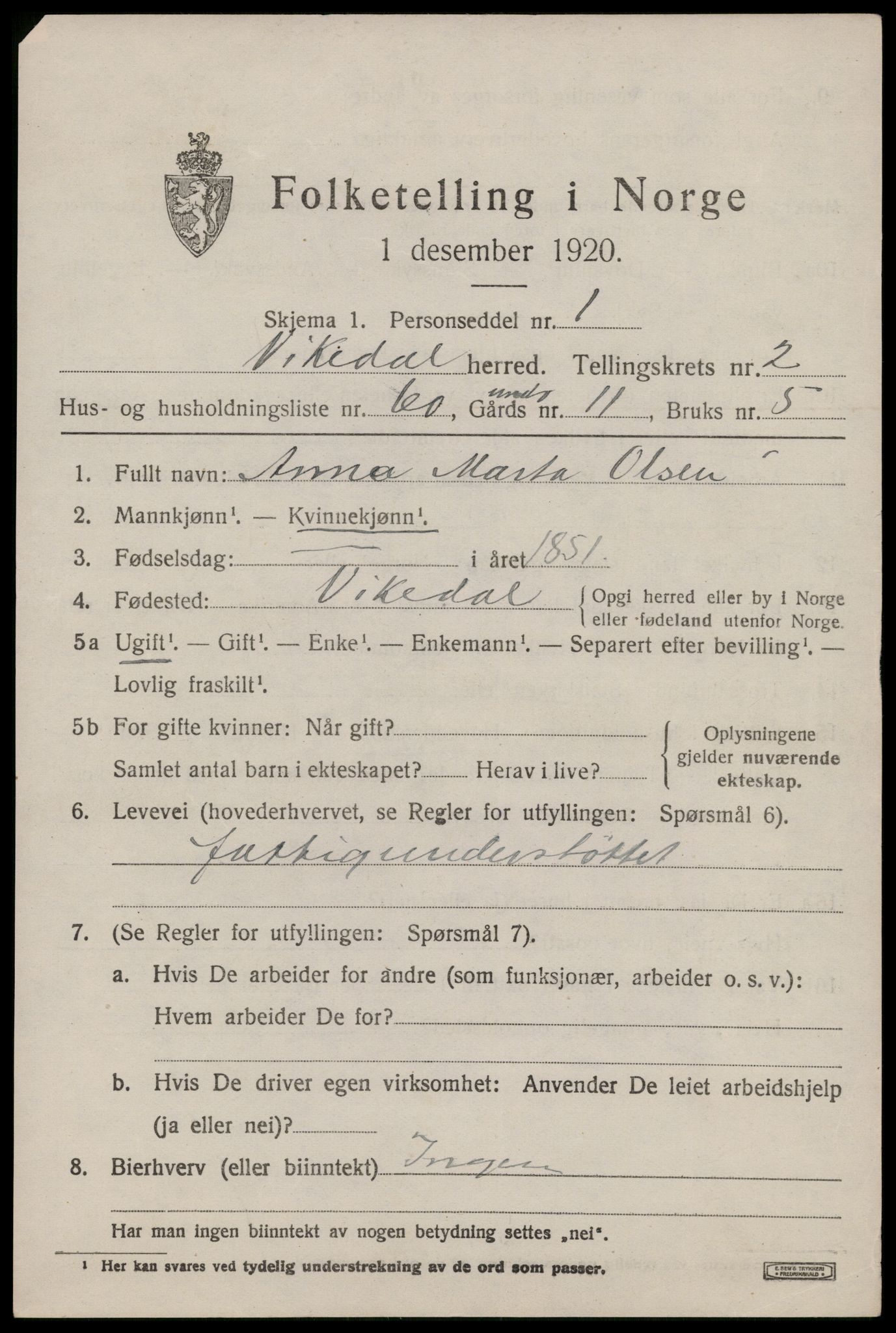 SAST, 1920 census for Vikedal, 1920, p. 1821