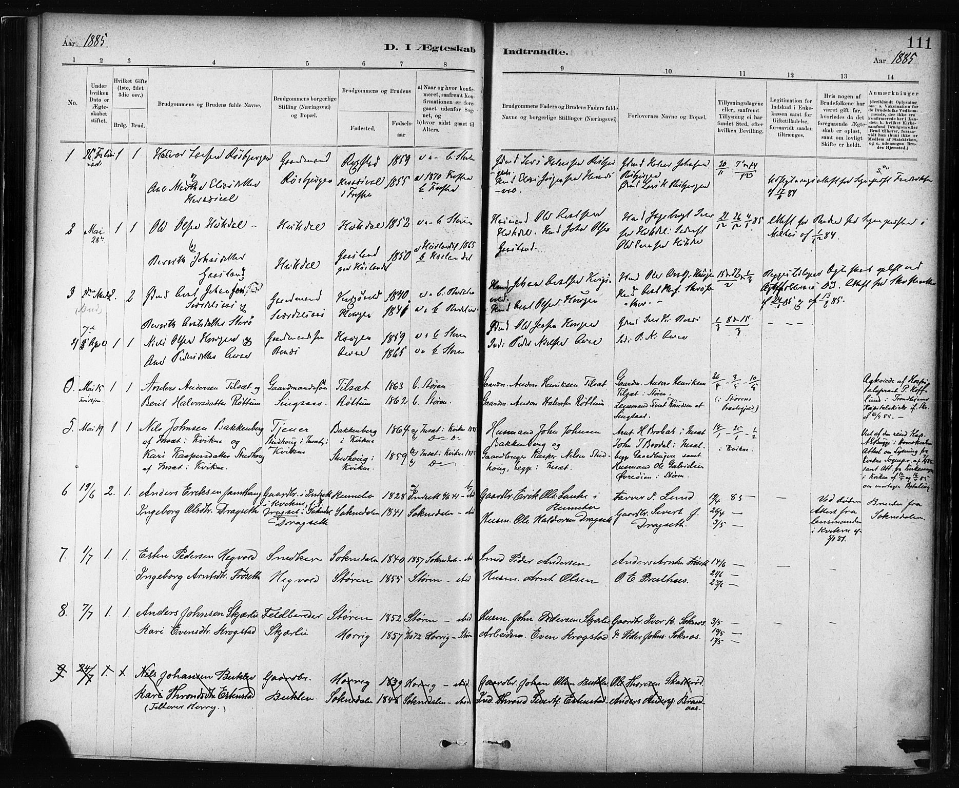 Ministerialprotokoller, klokkerbøker og fødselsregistre - Sør-Trøndelag, AV/SAT-A-1456/687/L1002: Parish register (official) no. 687A08, 1878-1890, p. 111