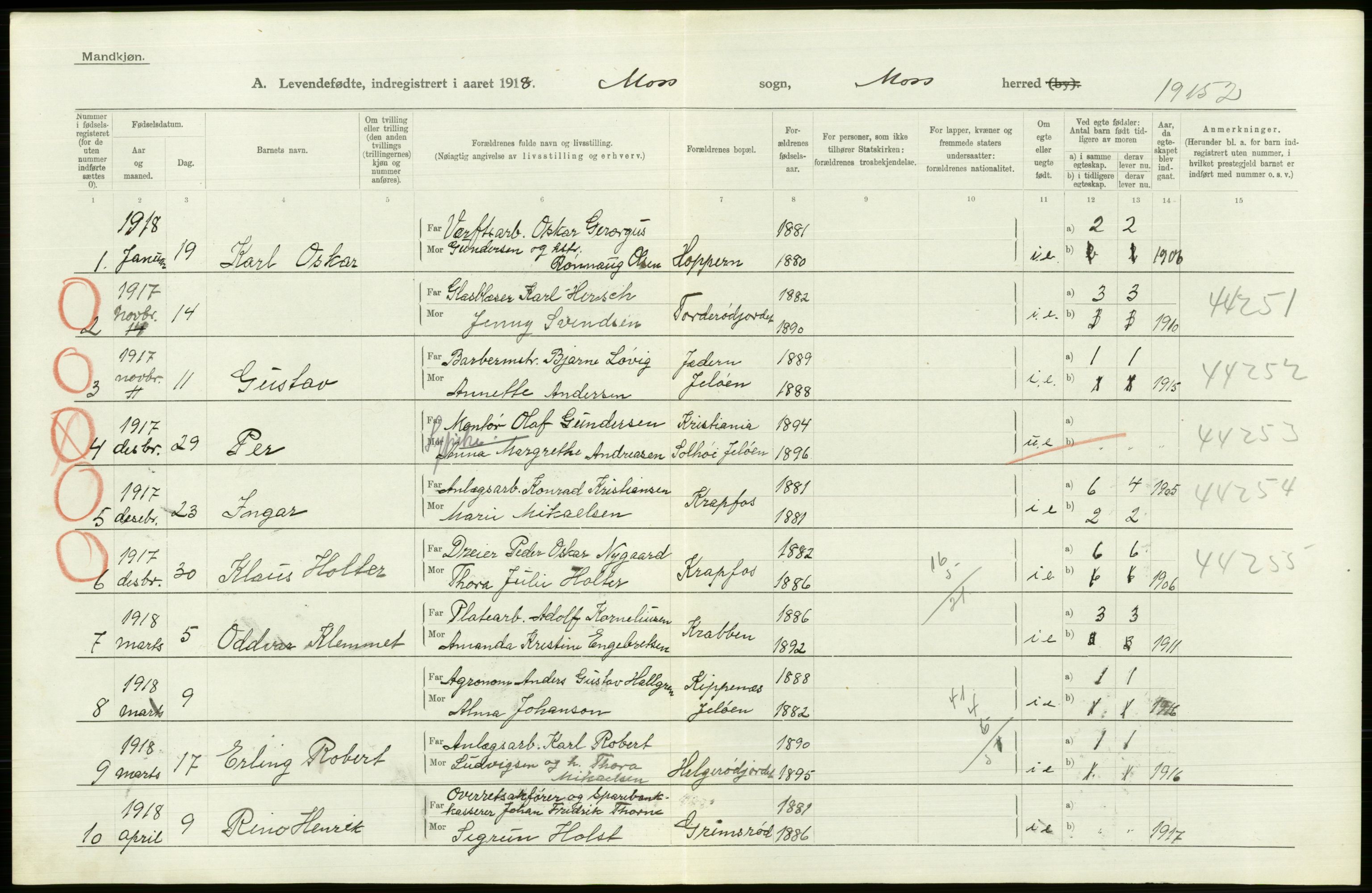 Statistisk sentralbyrå, Sosiodemografiske emner, Befolkning, RA/S-2228/D/Df/Dfb/Dfbh/L0001: Østfold fylke: Levendefødte menn og kvinner. Bygder., 1918, p. 296