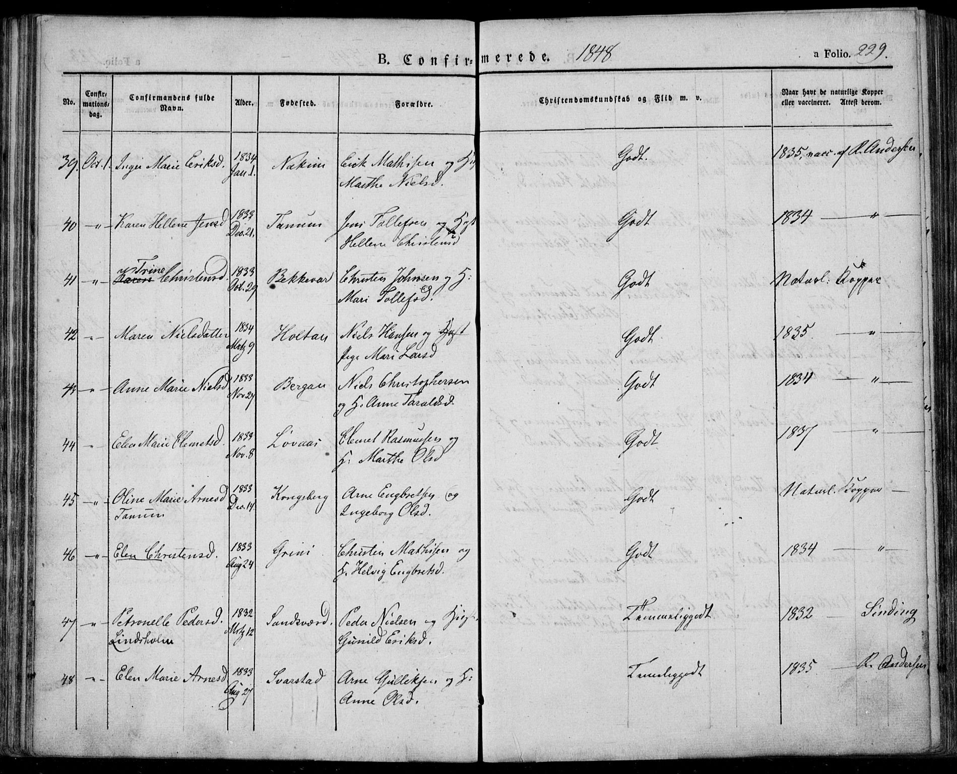 Lardal kirkebøker, AV/SAKO-A-350/F/Fa/L0006: Parish register (official) no. I 6, 1835-1860, p. 229