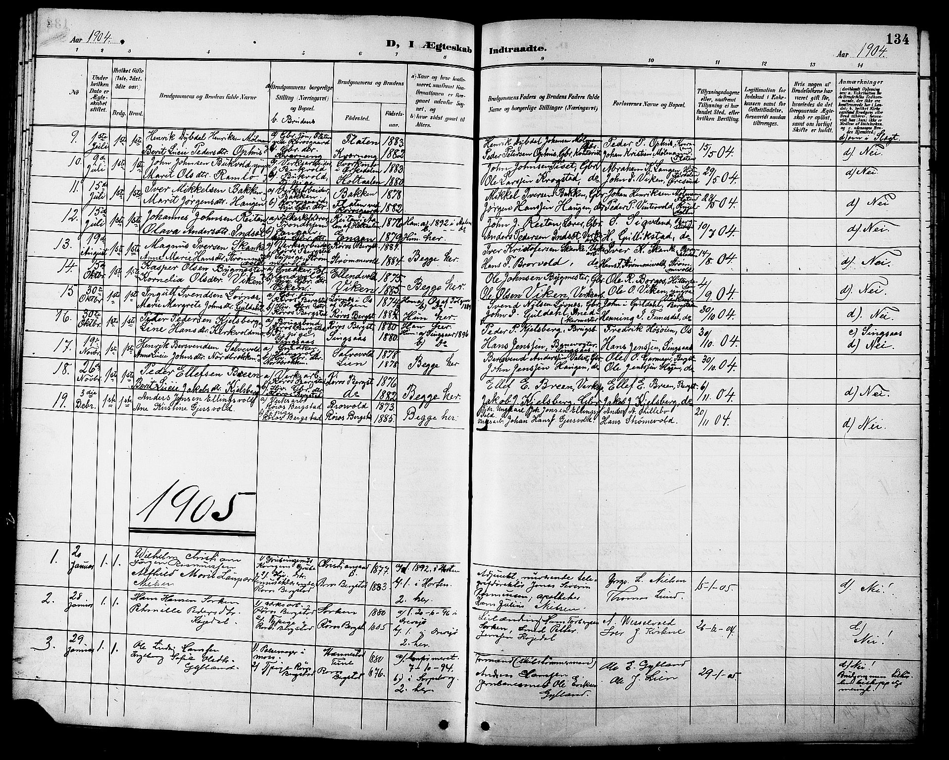 Ministerialprotokoller, klokkerbøker og fødselsregistre - Sør-Trøndelag, SAT/A-1456/681/L0941: Parish register (copy) no. 681C05, 1896-1905, p. 134
