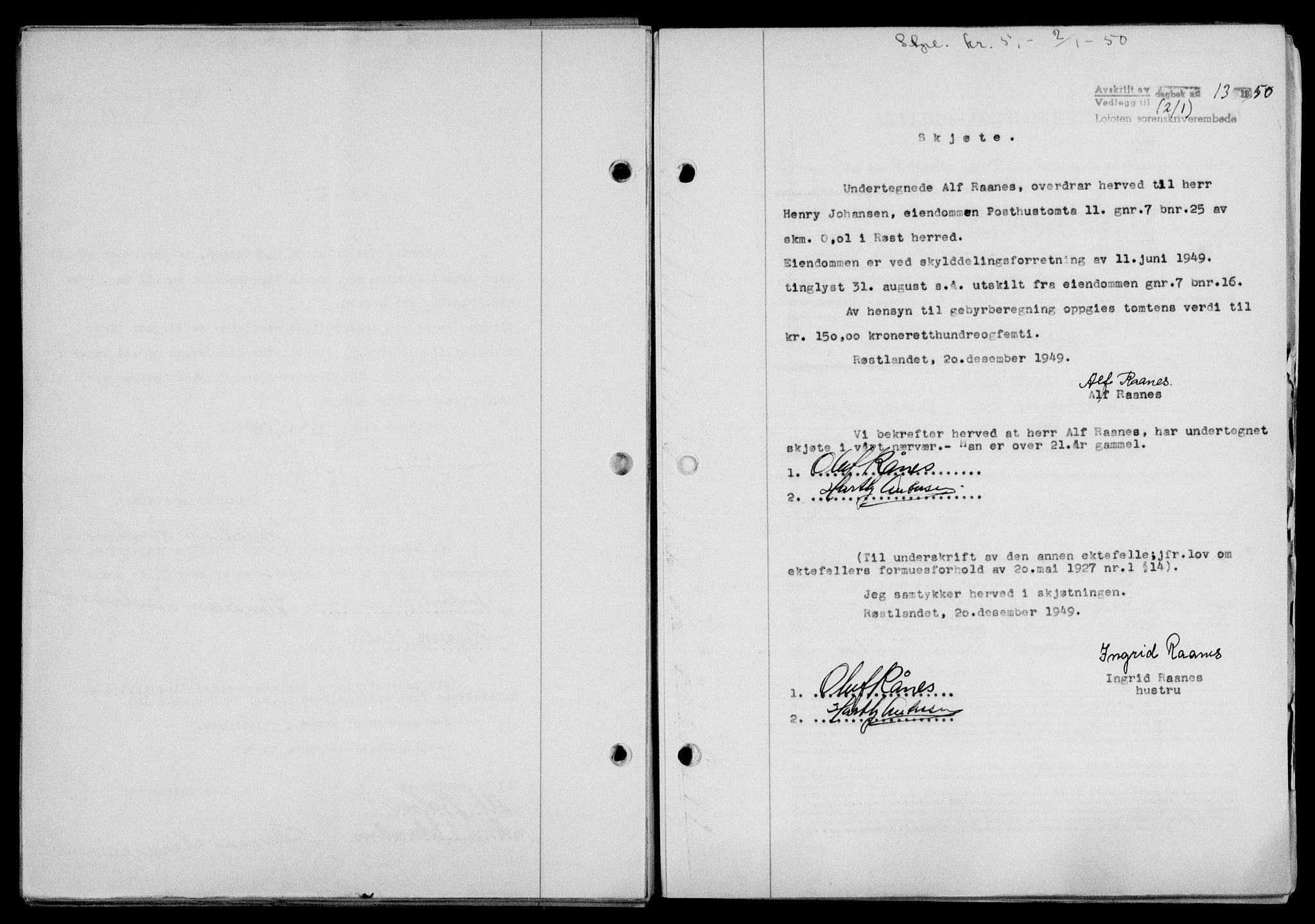 Lofoten sorenskriveri, SAT/A-0017/1/2/2C/L0022a: Mortgage book no. 22a, 1949-1950, Diary no: : 13/1950