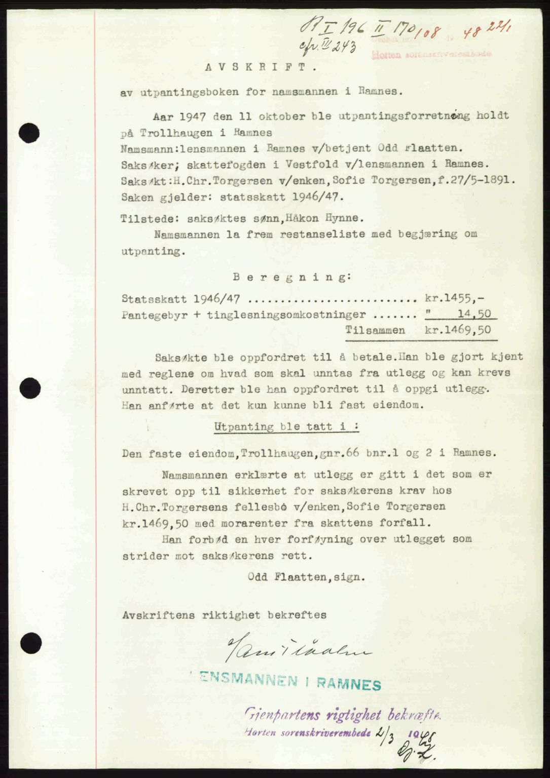 Horten sorenskriveri, AV/SAKO-A-133/G/Ga/Gaa/L0010: Mortgage book no. A-10, 1947-1948, Diary no: : 108/1948