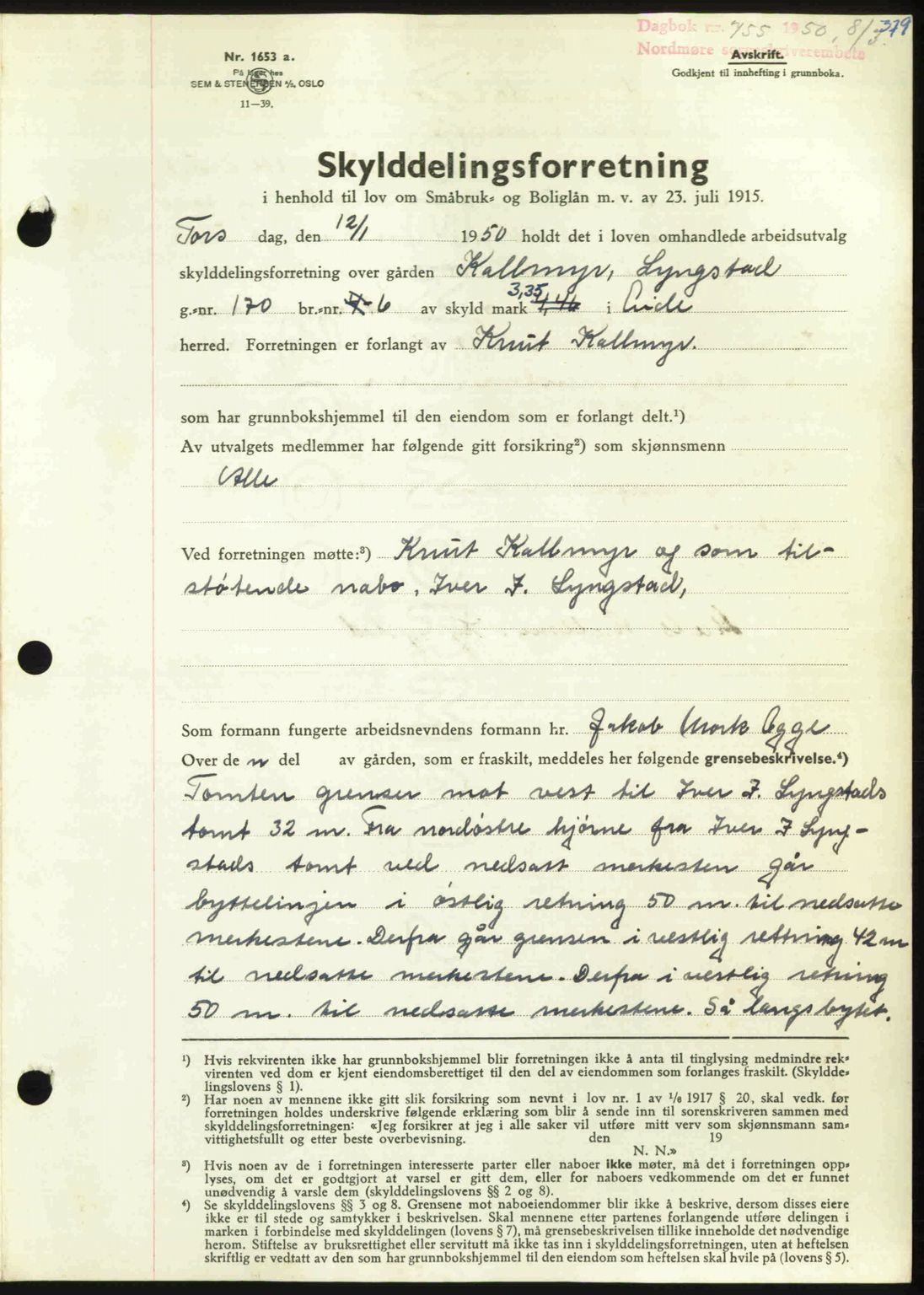 Nordmøre sorenskriveri, AV/SAT-A-4132/1/2/2Ca: Mortgage book no. A114, 1950-1950, Diary no: : 755/1950