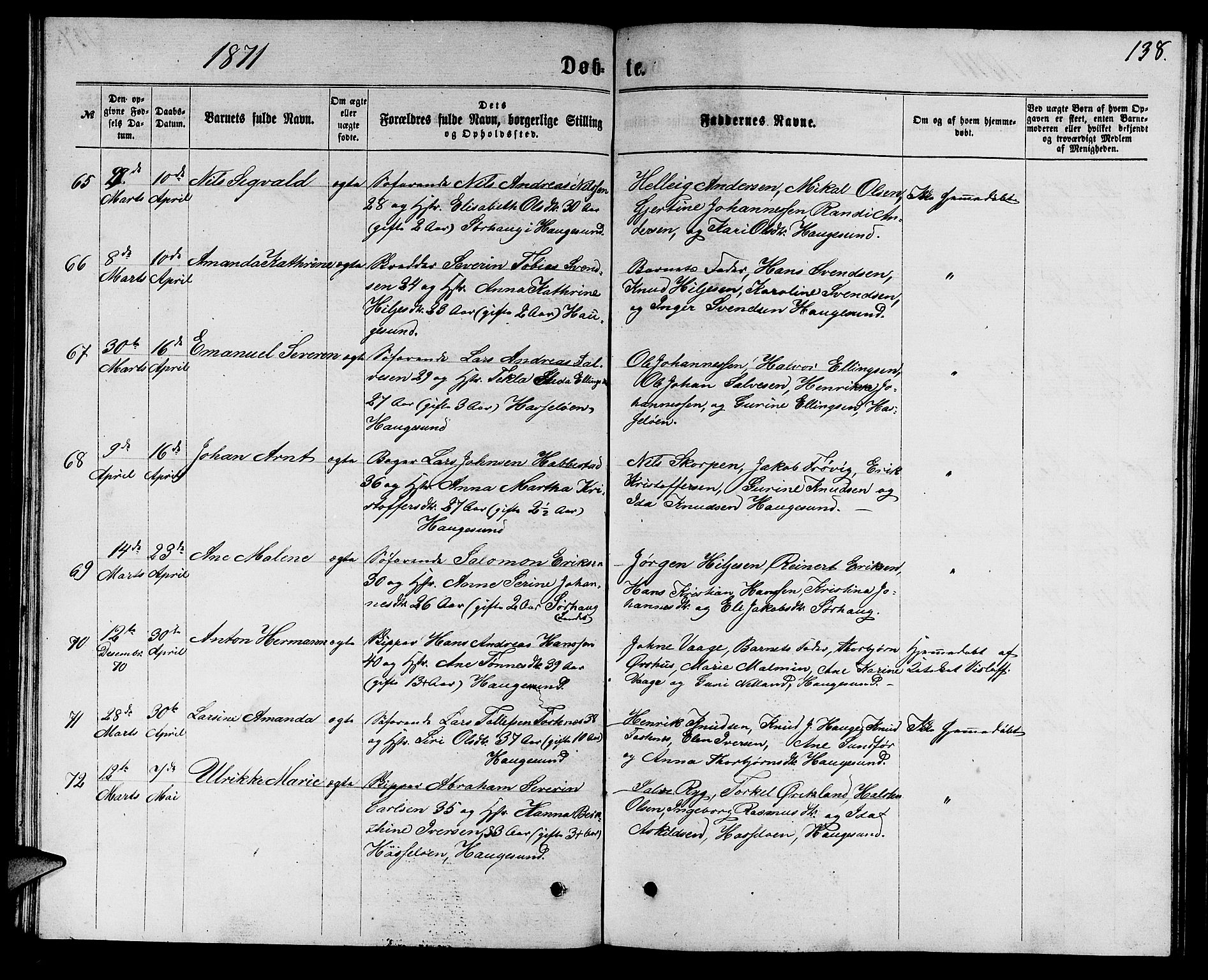 Torvastad sokneprestkontor, SAST/A -101857/H/Ha/Hab/L0007: Parish register (copy) no. B 7, 1866-1873, p. 138