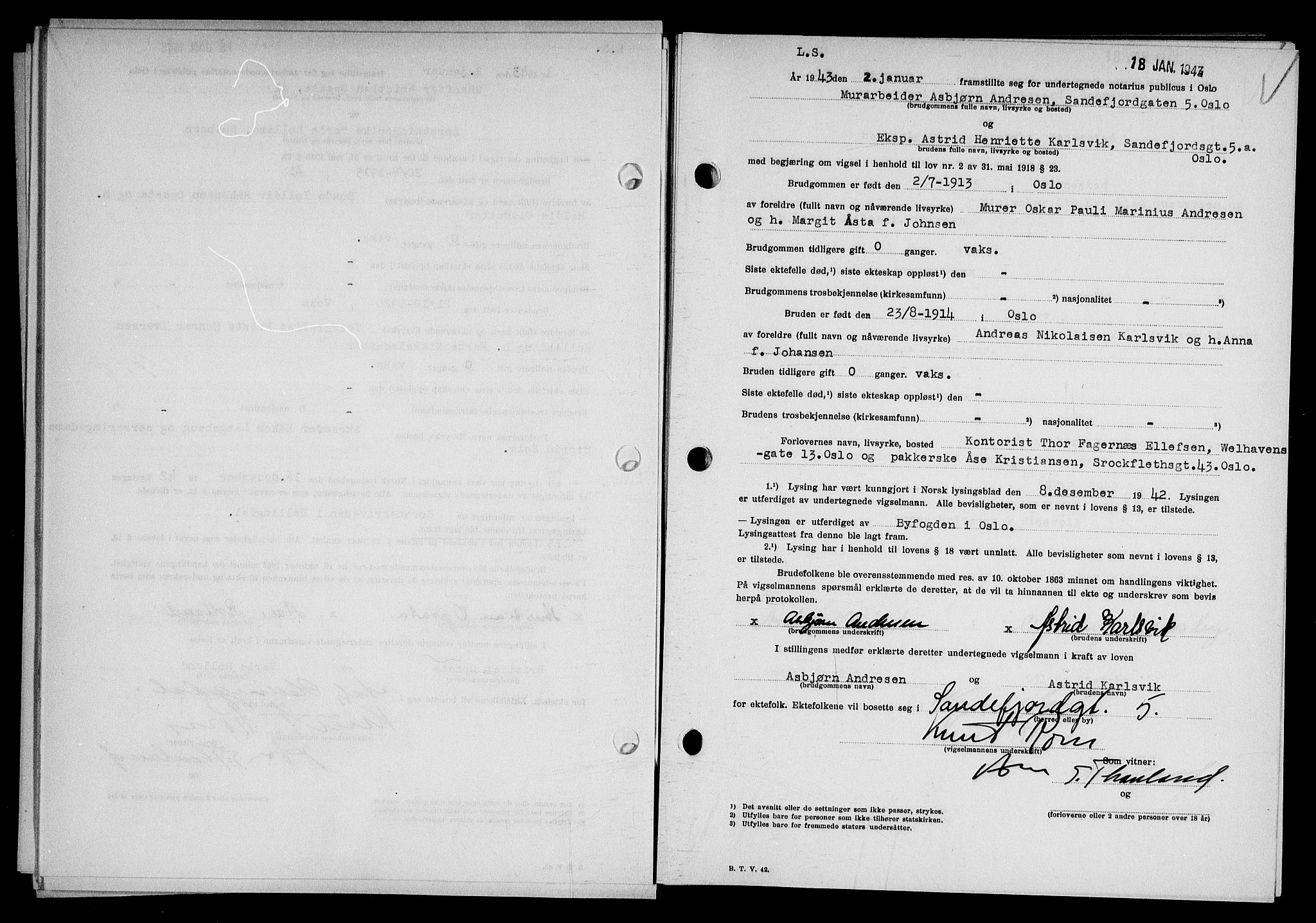 Oslo byfogd avd. I, AV/SAO-A-10220/L/Lb/Lbb/L0043: Notarialprotokoll, rekke II: Vigsler, 1943