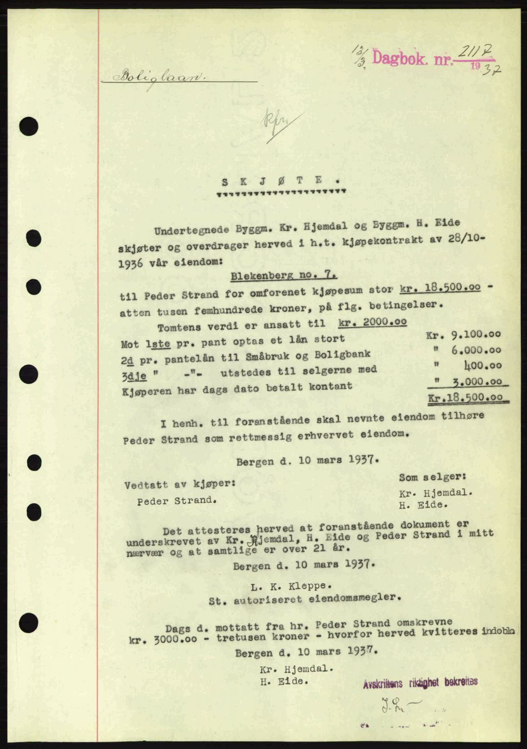 Byfogd og Byskriver i Bergen, SAB/A-3401/03/03Bc/L0004: Mortgage book no. A3-4, 1936-1937, Diary no: : 2117/1937