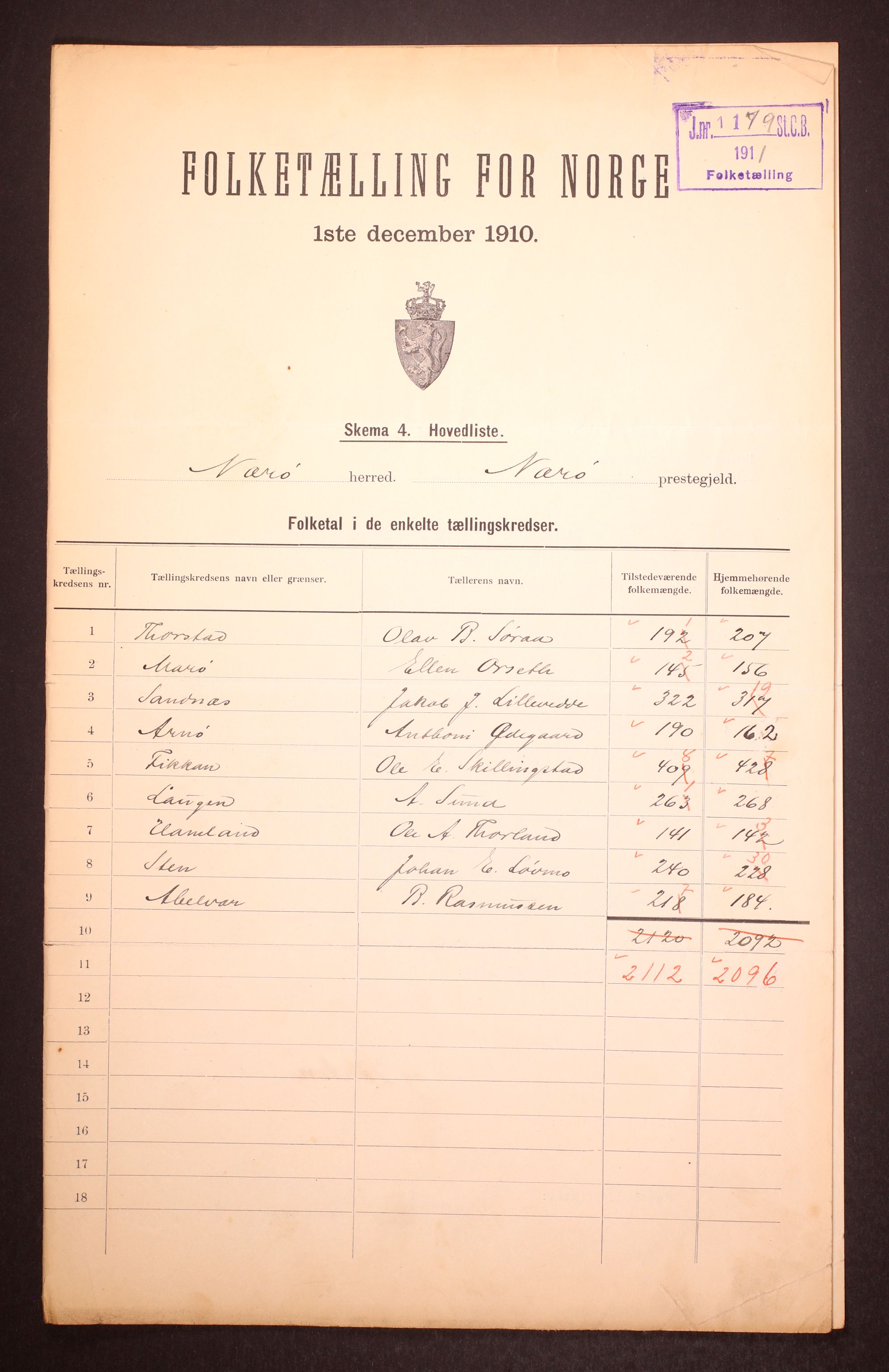 RA, 1910 census for Nærøy, 1910, p. 2