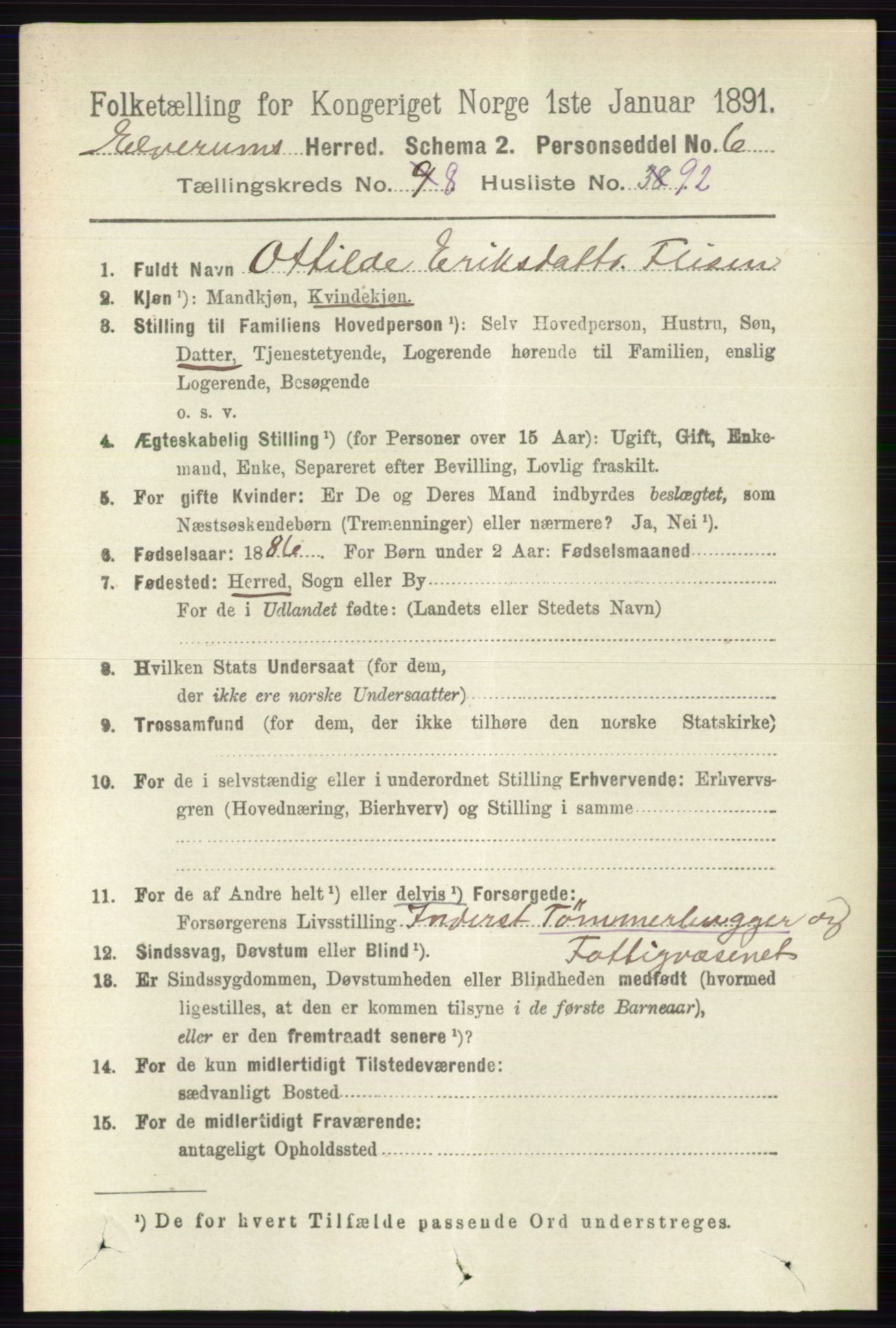 RA, 1891 census for 0427 Elverum, 1891, p. 7596