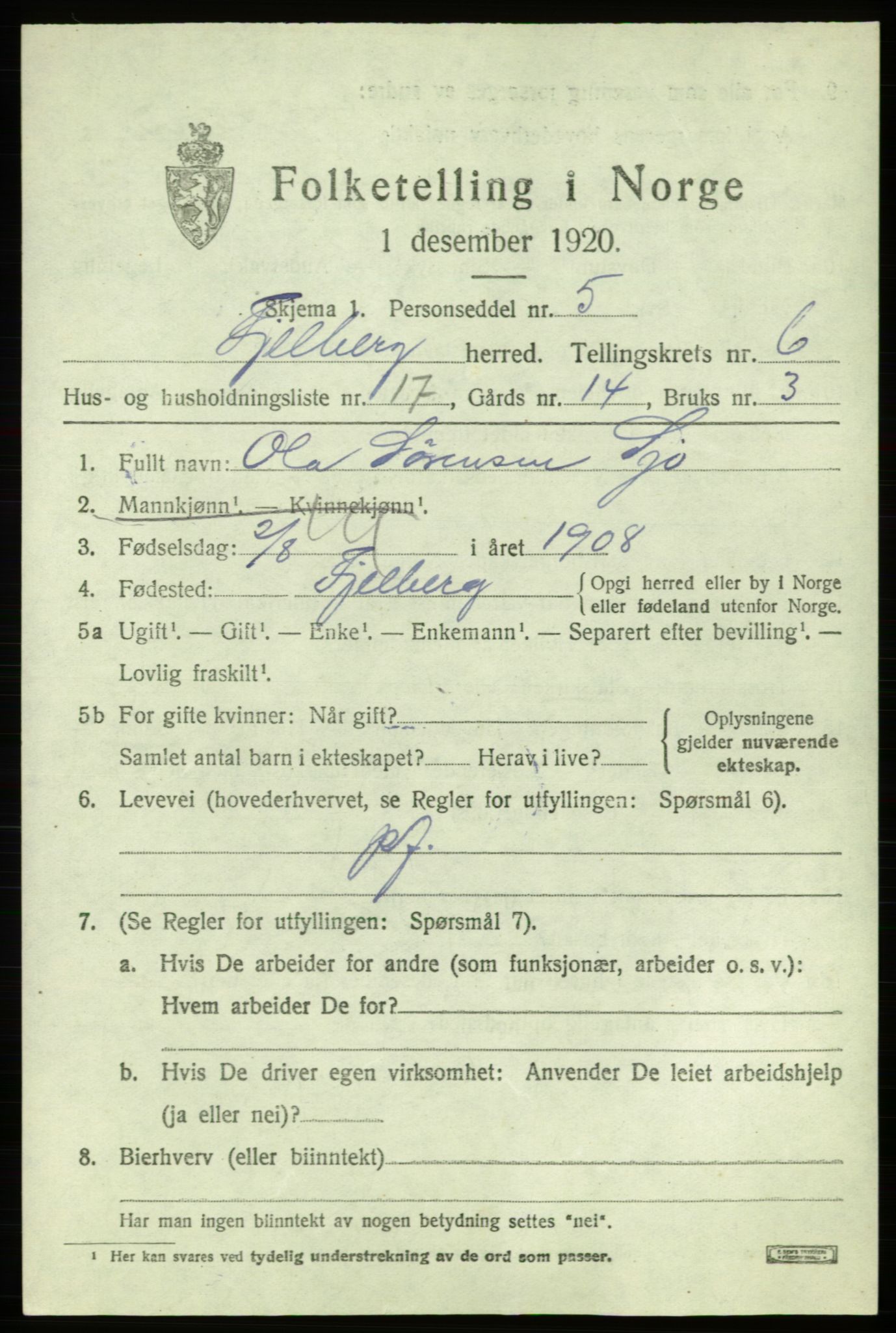 SAB, 1920 census for Fjelberg, 1920, p. 2421