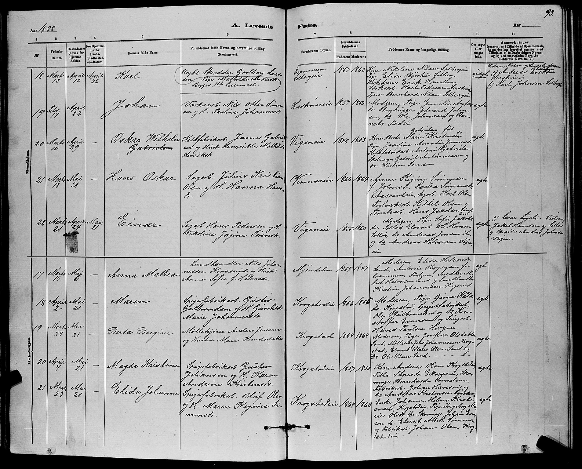 Nedre Eiker kirkebøker, AV/SAKO-A-612/G/Ga/L0002: Parish register (copy) no. 2, 1880-1896, p. 93