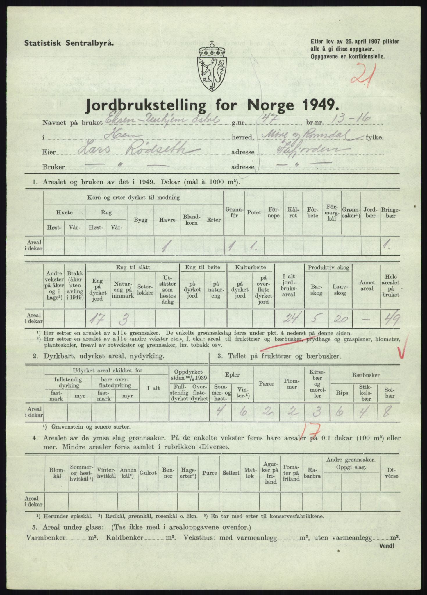 Statistisk sentralbyrå, Næringsøkonomiske emner, Jordbruk, skogbruk, jakt, fiske og fangst, AV/RA-S-2234/G/Gc/L0323: Møre og Romsdal: Grytten og Hen, 1949, p. 633