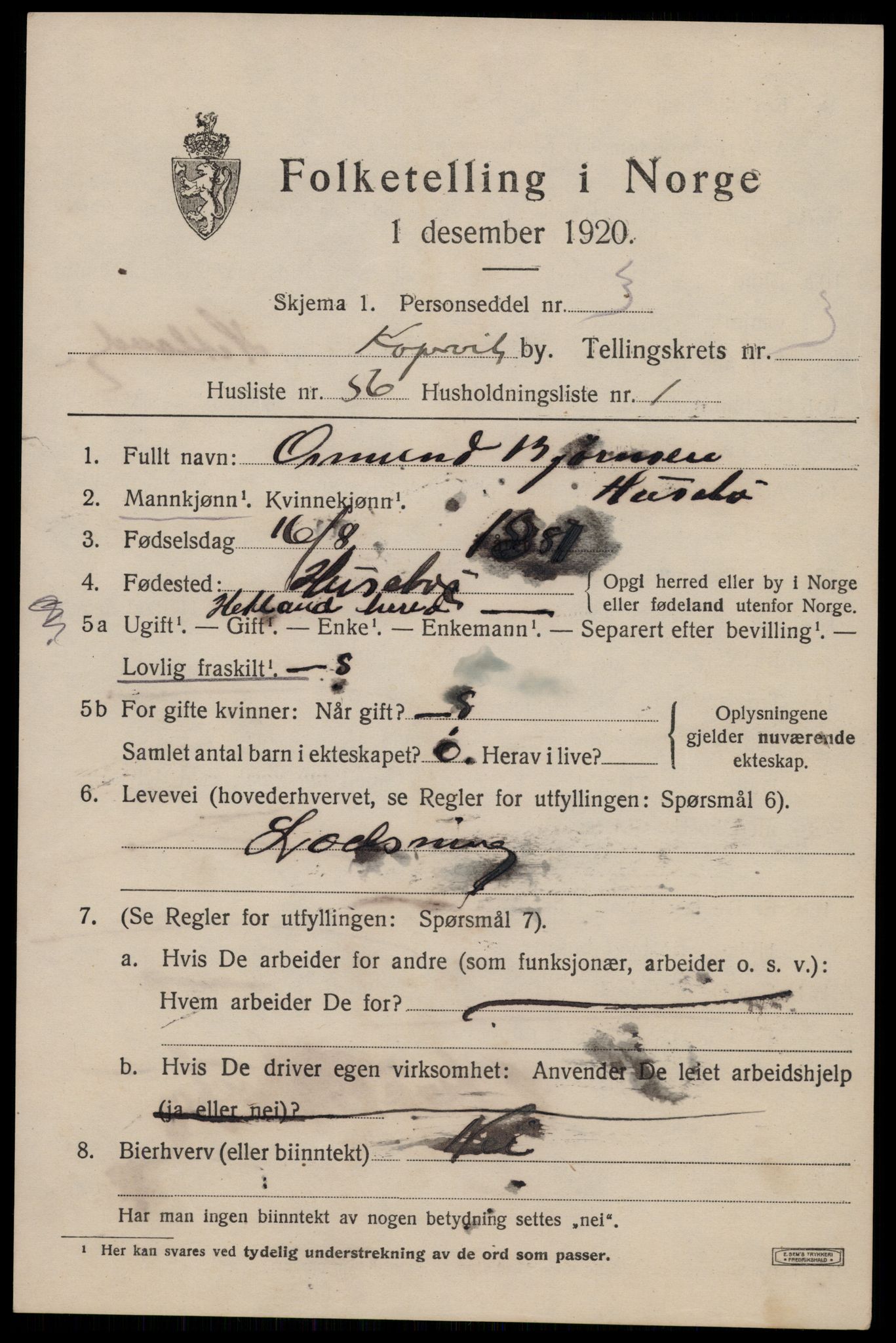 SAST, 1920 census for Kopervik, 1920, p. 4850