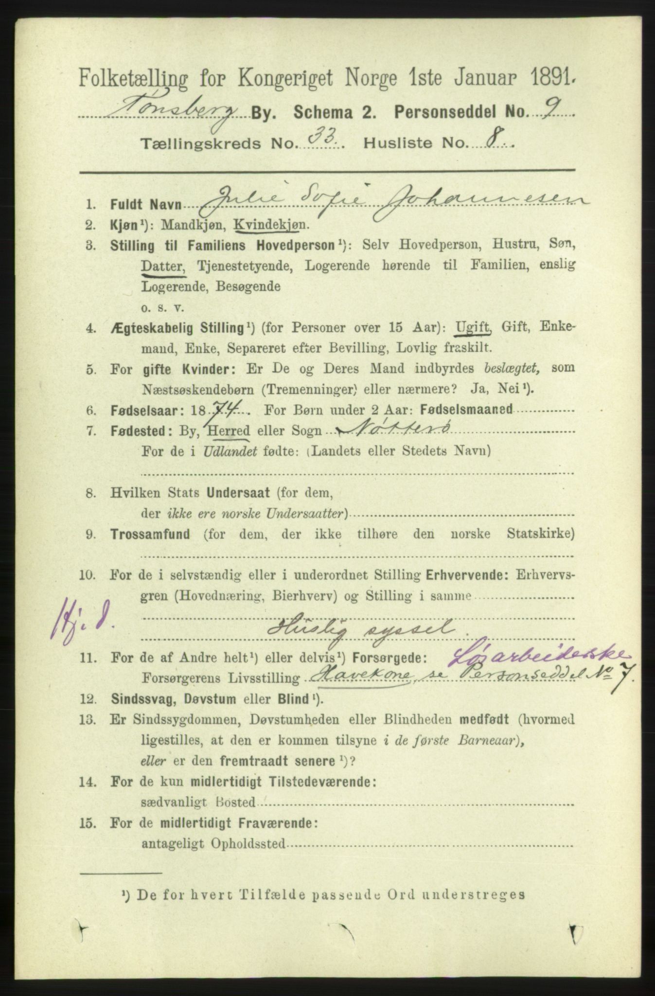 RA, 1891 census for 0705 Tønsberg, 1891, p. 7651