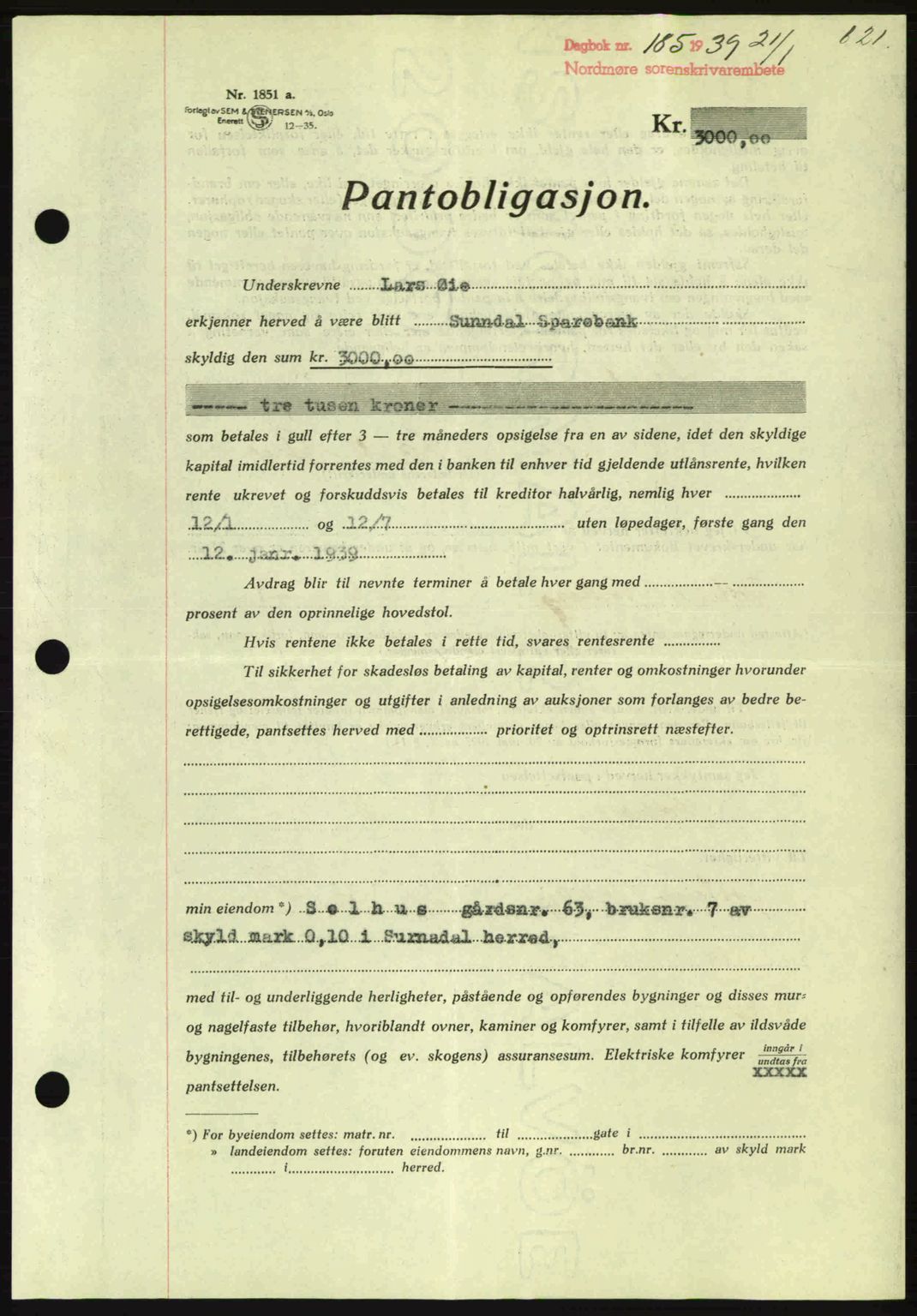 Nordmøre sorenskriveri, AV/SAT-A-4132/1/2/2Ca: Mortgage book no. B84, 1938-1939, Diary no: : 185/1939