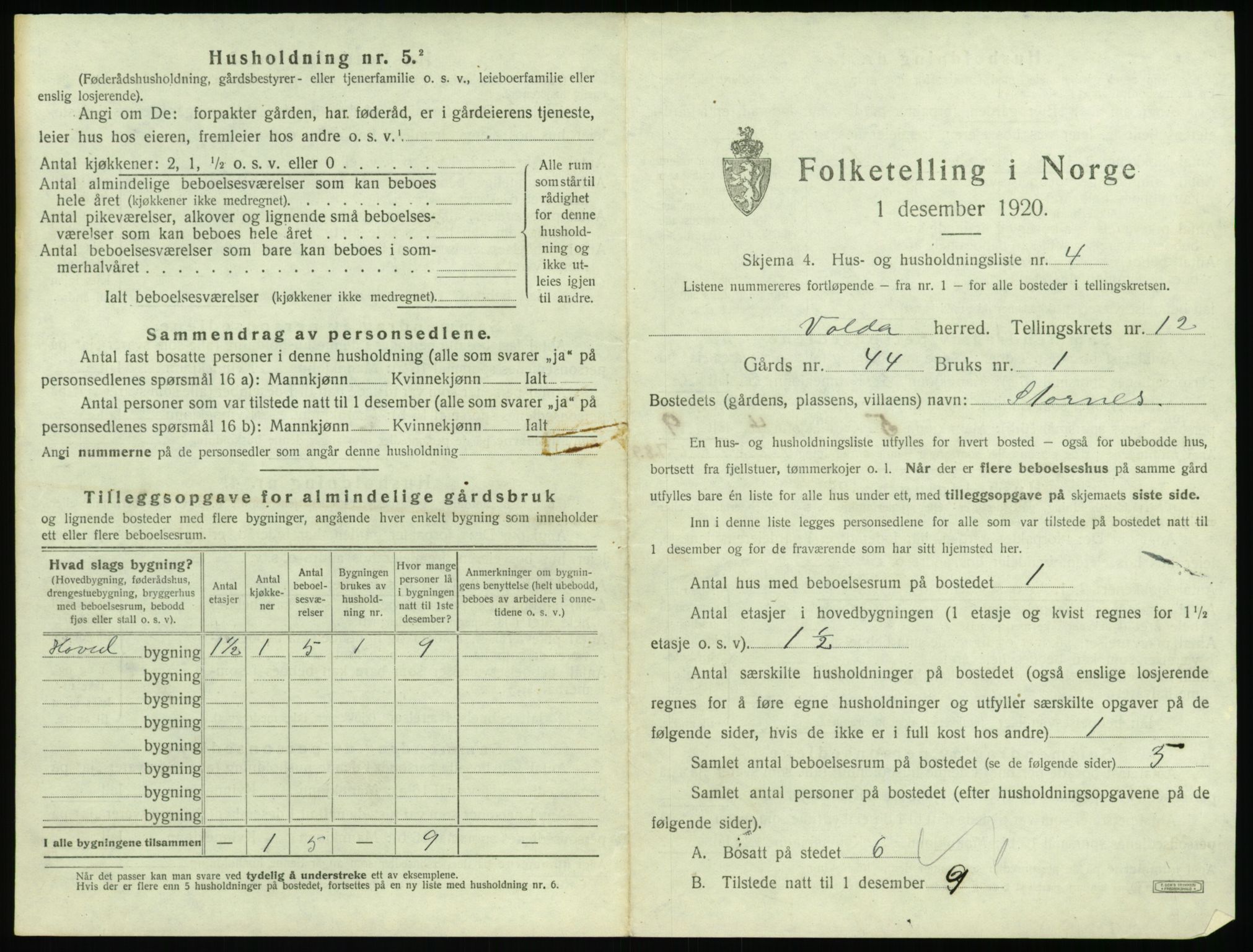 SAT, 1920 census for Volda, 1920, p. 1044