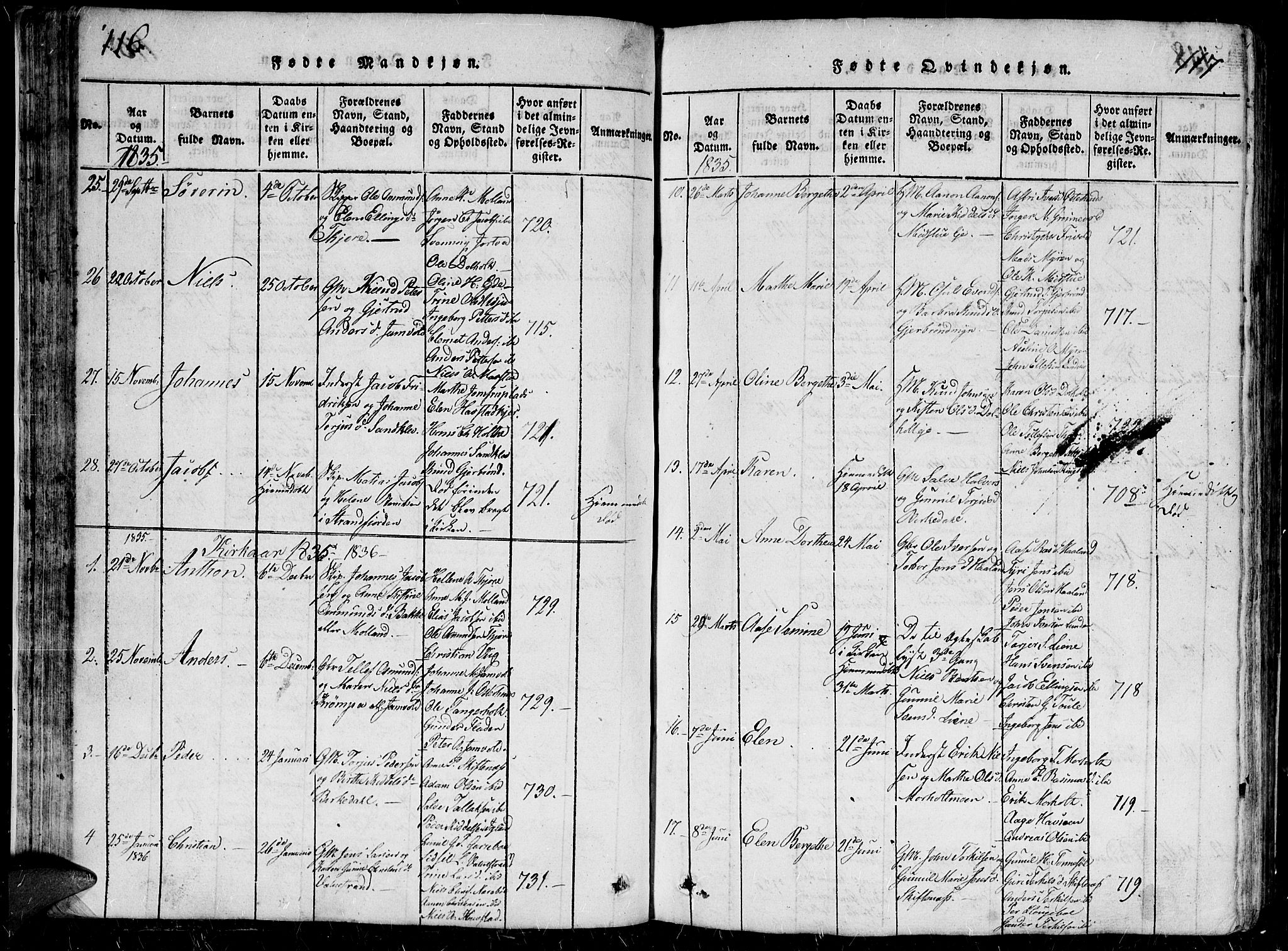 Hommedal sokneprestkontor, AV/SAK-1111-0023/F/Fb/Fbb/L0003: Parish register (copy) no. B 3 /1, 1816-1850, p. 116-117