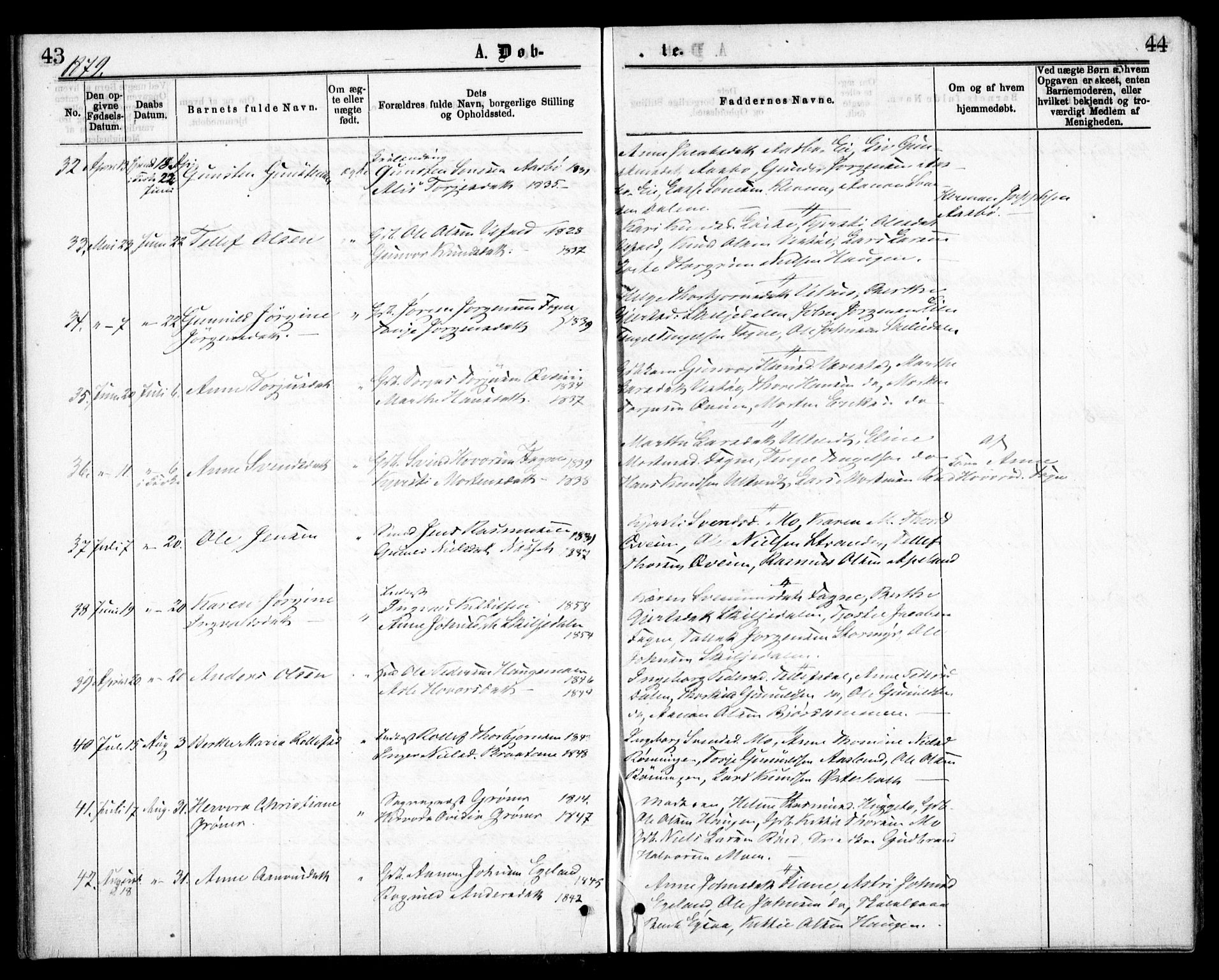 Gjerstad sokneprestkontor, AV/SAK-1111-0014/F/Fa/Faa/L0008: Parish register (official) no. A 8, 1876-1884, p. 43-44