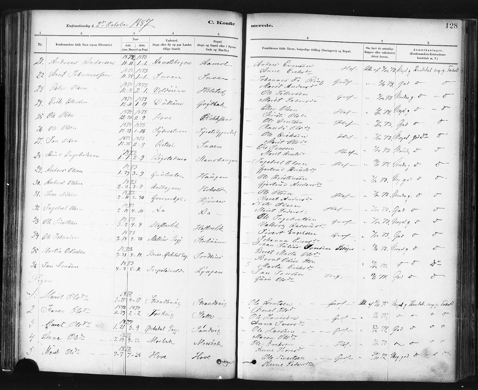 Ministerialprotokoller, klokkerbøker og fødselsregistre - Sør-Trøndelag, AV/SAT-A-1456/672/L0857: Parish register (official) no. 672A09, 1882-1893, p. 128