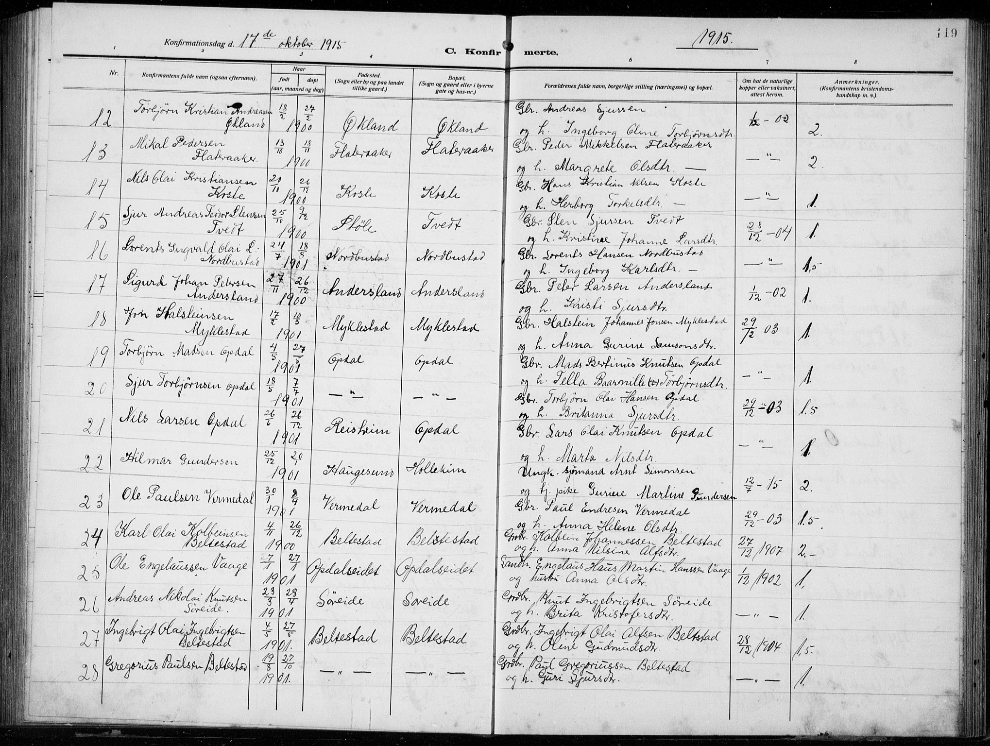 Tysnes sokneprestembete, AV/SAB-A-78601/H/Hab: Parish register (copy) no. E  4, 1912-1936, p. 119