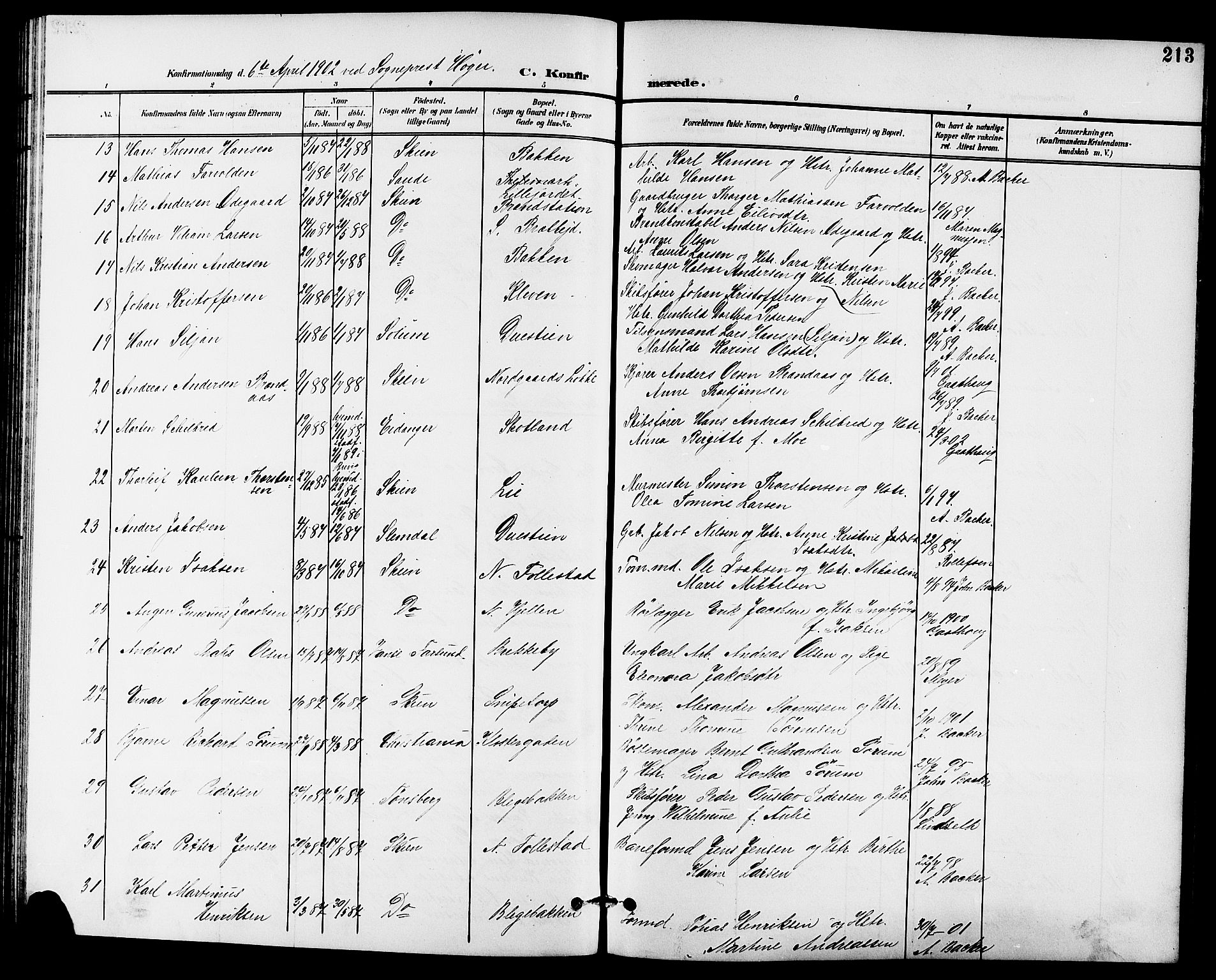 Skien kirkebøker, SAKO/A-302/G/Ga/L0008: Parish register (copy) no. 8, 1900-1910, p. 213