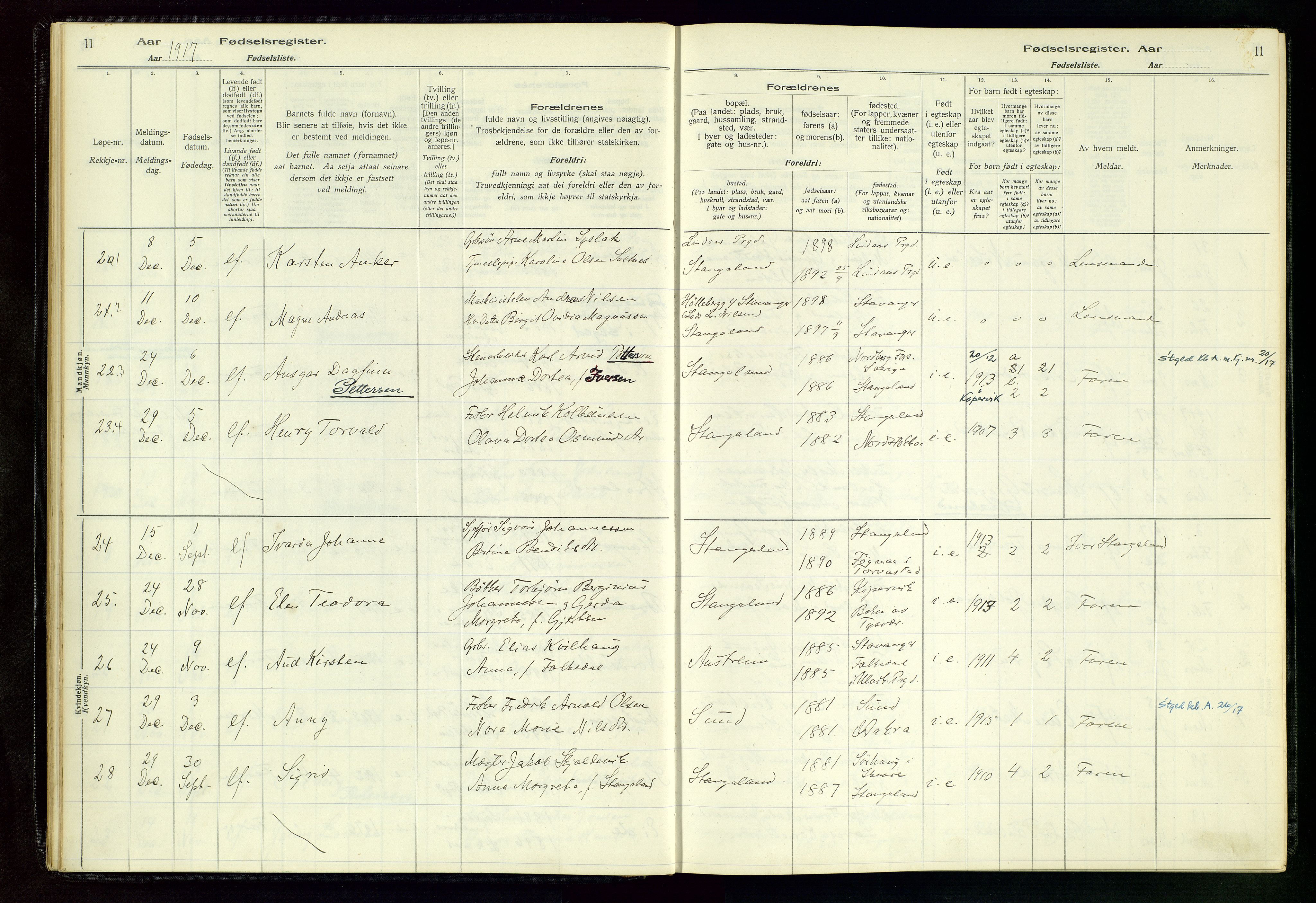 Kopervik sokneprestkontor, SAST/A-101850/I/Id/L0004: Birth register no. 4, 1916-1958, p. 11