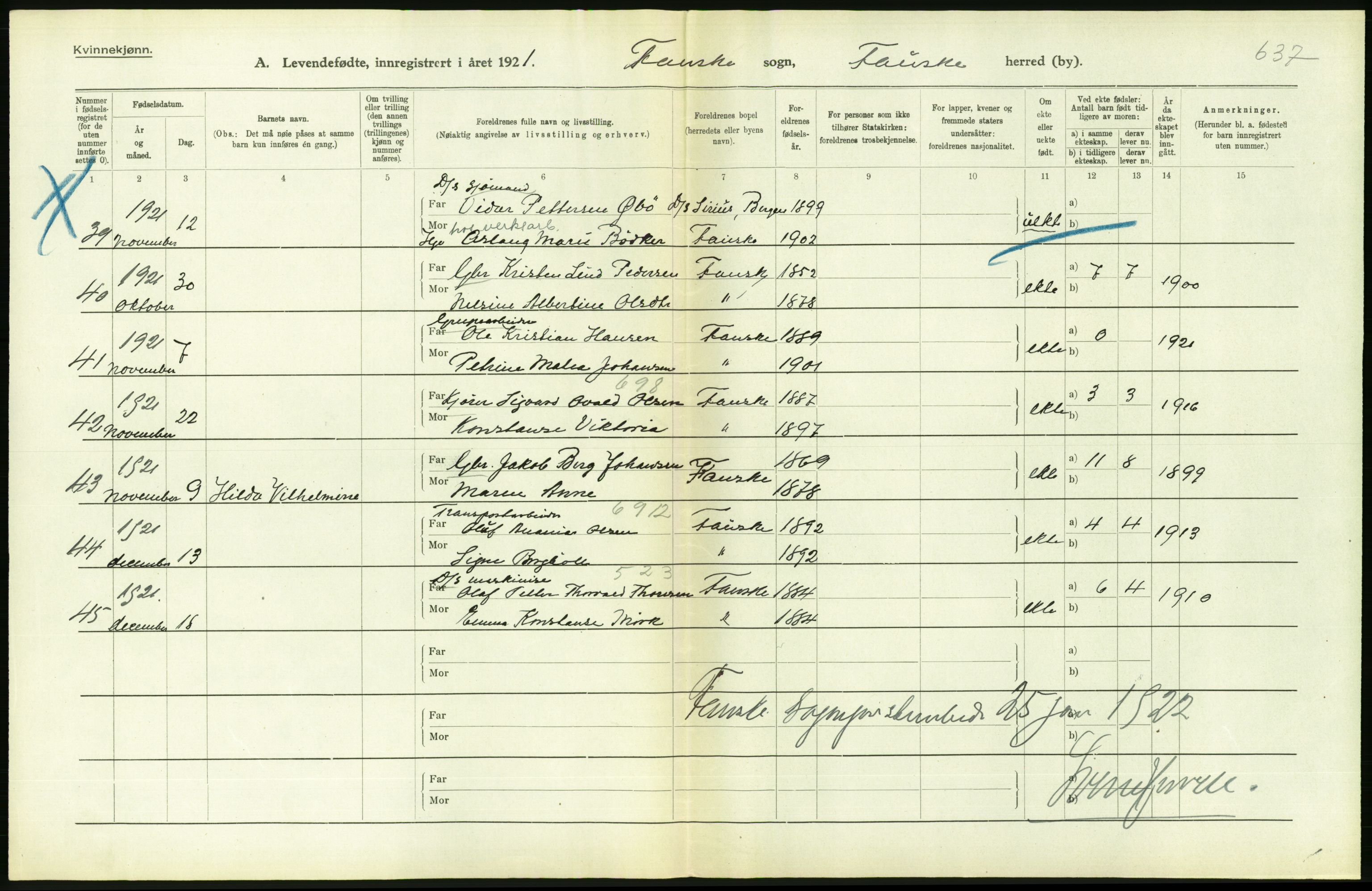 Statistisk sentralbyrå, Sosiodemografiske emner, Befolkning, AV/RA-S-2228/D/Df/Dfc/Dfca/L0049: Nordland fylke: Levendefødte menn og kvinner. Bygder., 1921, p. 196