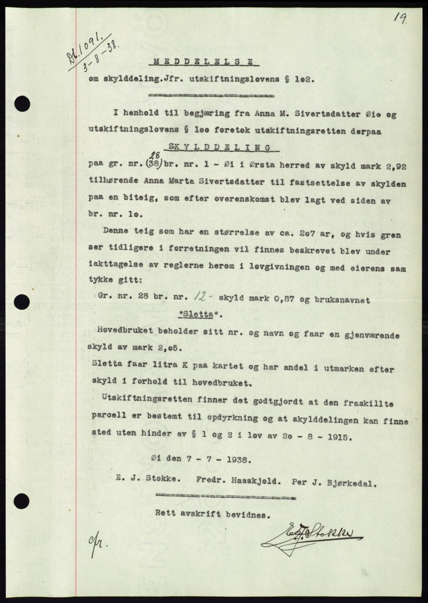 Søre Sunnmøre sorenskriveri, AV/SAT-A-4122/1/2/2C/L0066: Mortgage book no. 60, 1938-1938, Diary no: : 1091/1938