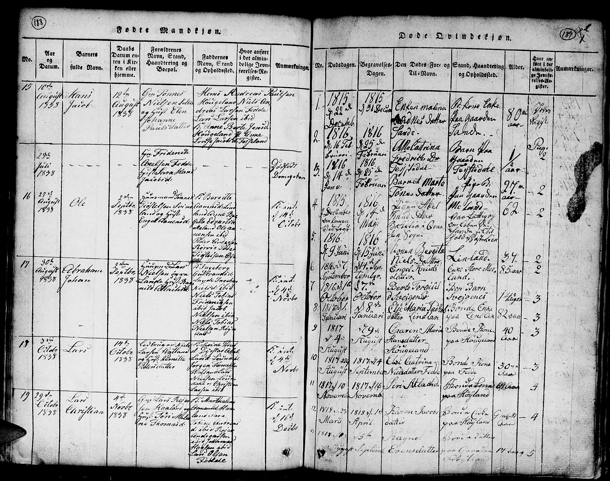 Kvinesdal sokneprestkontor, SAK/1111-0026/F/Fb/Fba/L0001: Parish register (copy) no. B 1, 1815-1839, p. 188-189