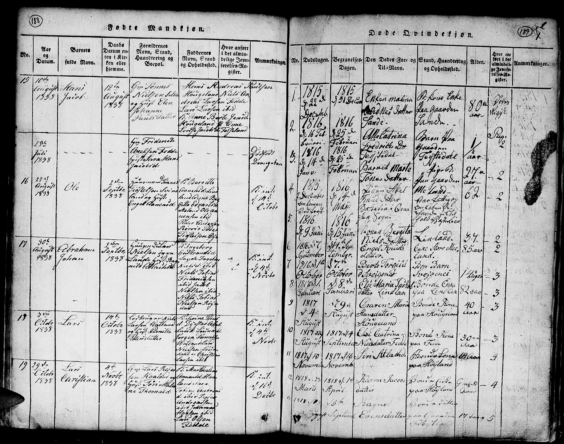 Kvinesdal sokneprestkontor, AV/SAK-1111-0026/F/Fb/Fba/L0001: Parish register (copy) no. B 1, 1815-1839, p. 188-189