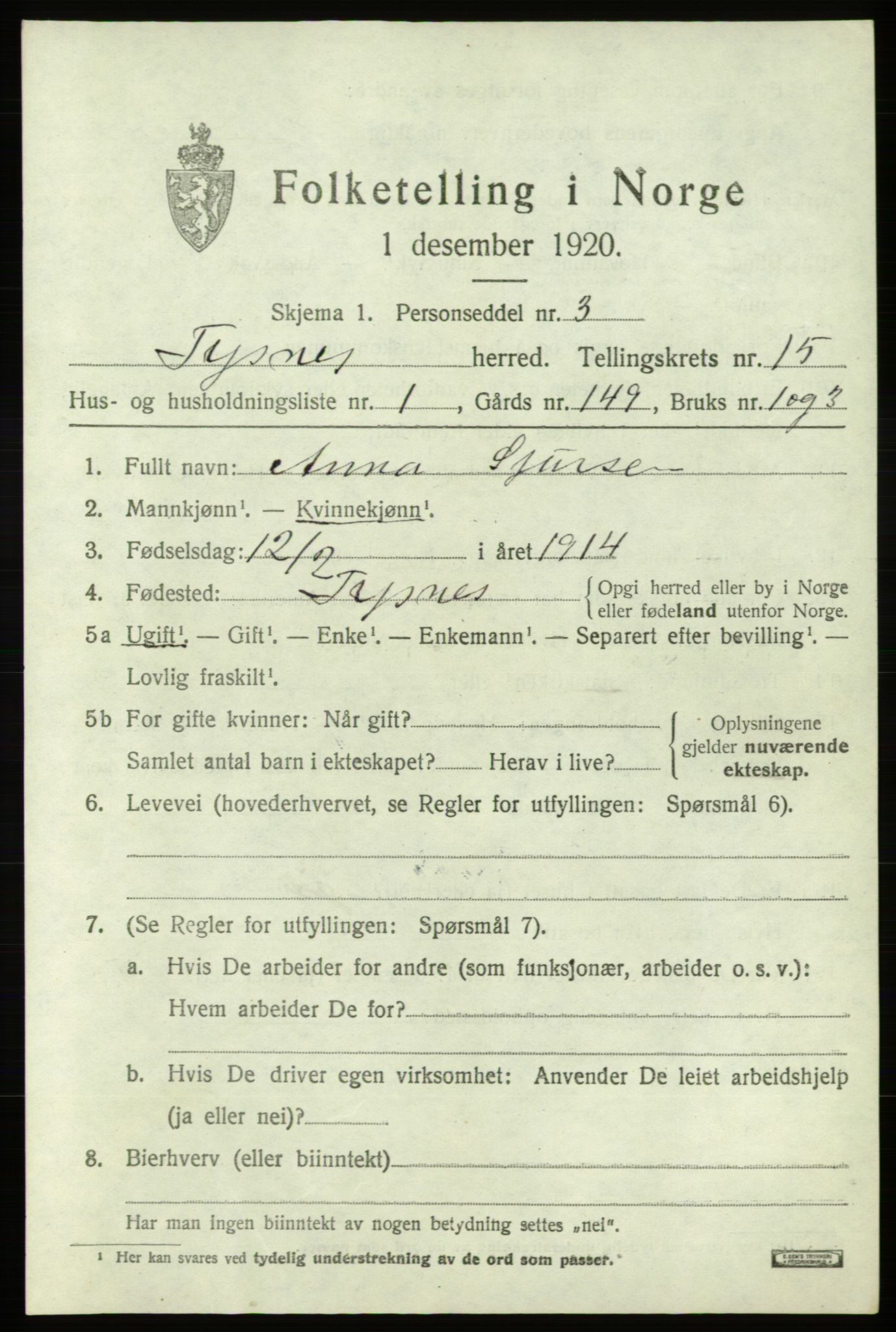 SAB, 1920 census for Tysnes, 1920, p. 9942