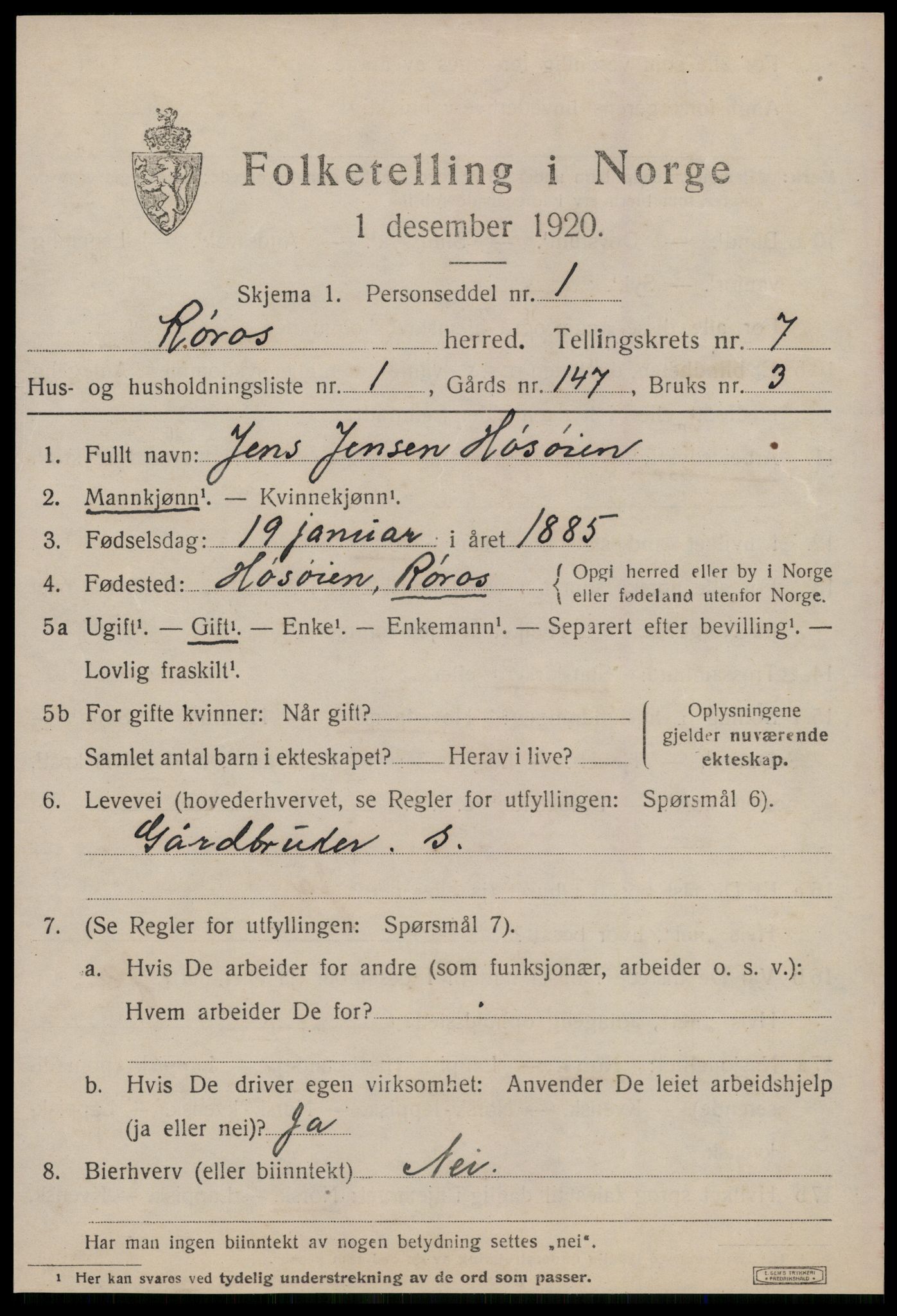 SAT, 1920 census for Røros, 1920, p. 6908