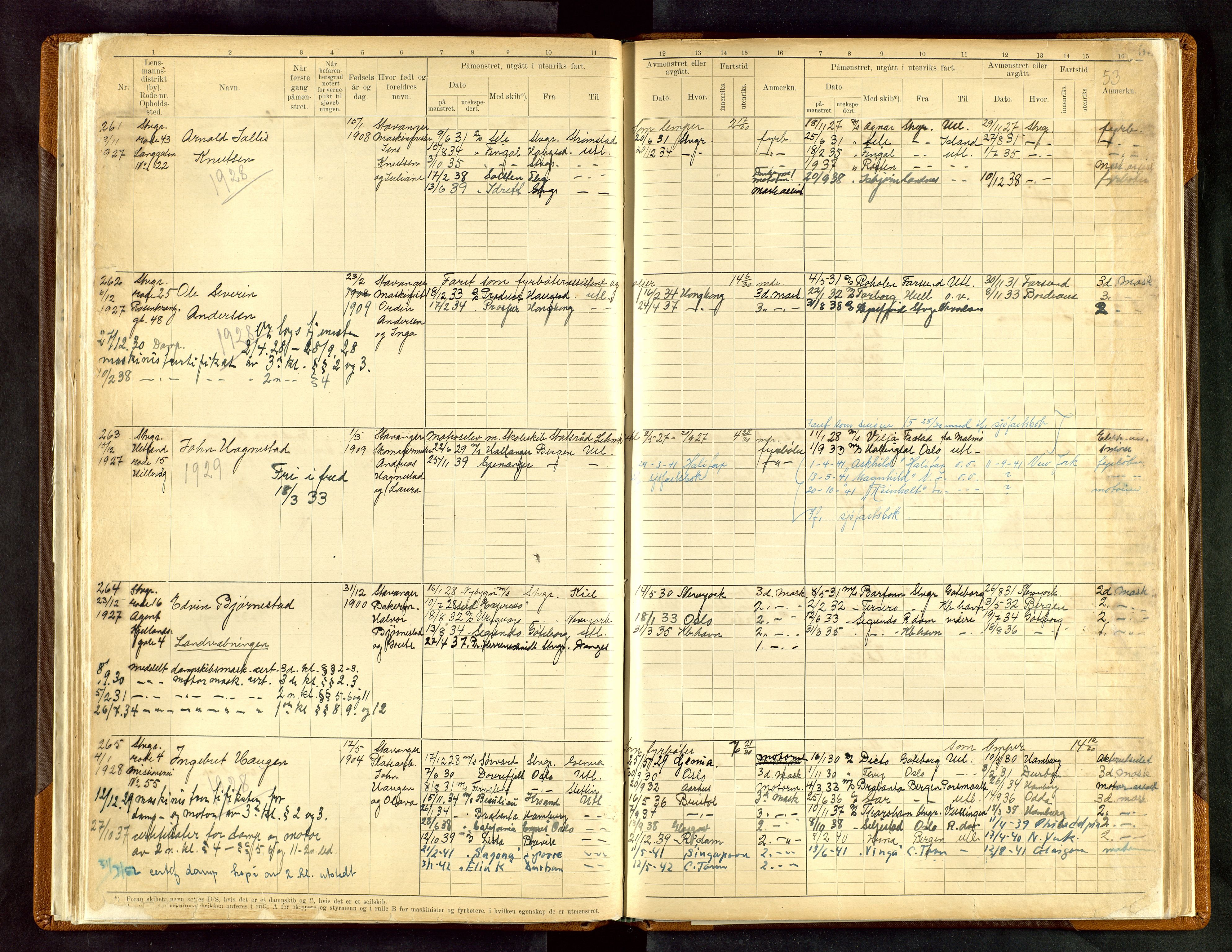 Stavanger sjømannskontor, AV/SAST-A-102006/F/Fe/L0003: Maskinist- og fyrbøterrulle, patentnr. 1-459, 1921-1948, p. 57