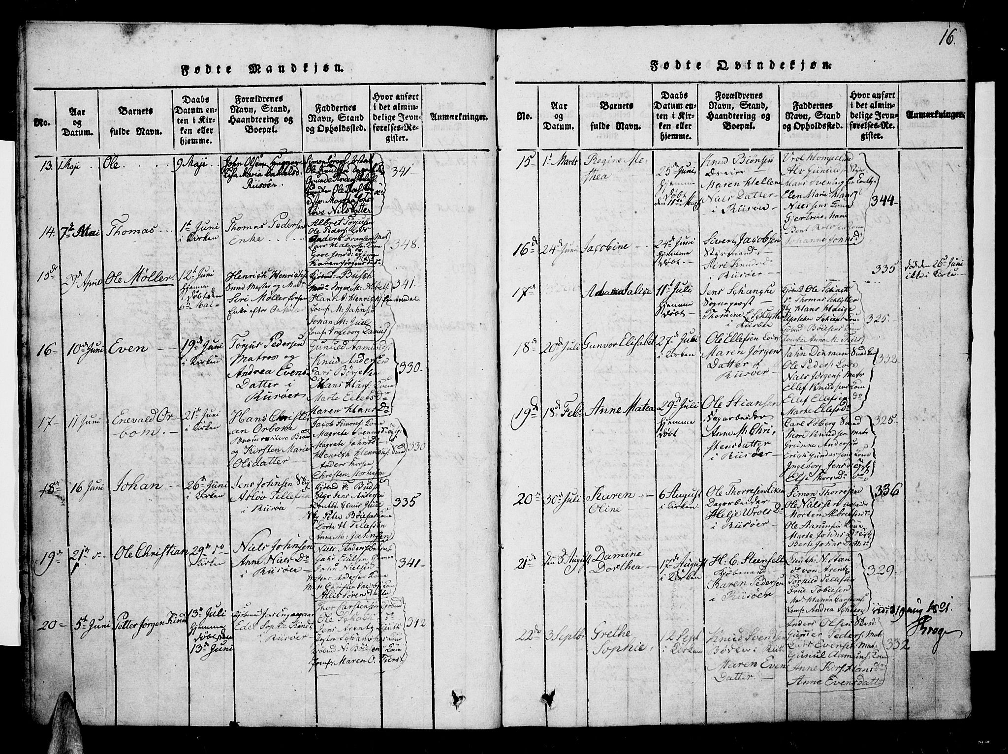 Risør sokneprestkontor, SAK/1111-0035/F/Fb/L0004: Parish register (copy) no. B 4, 1816-1848, p. 16