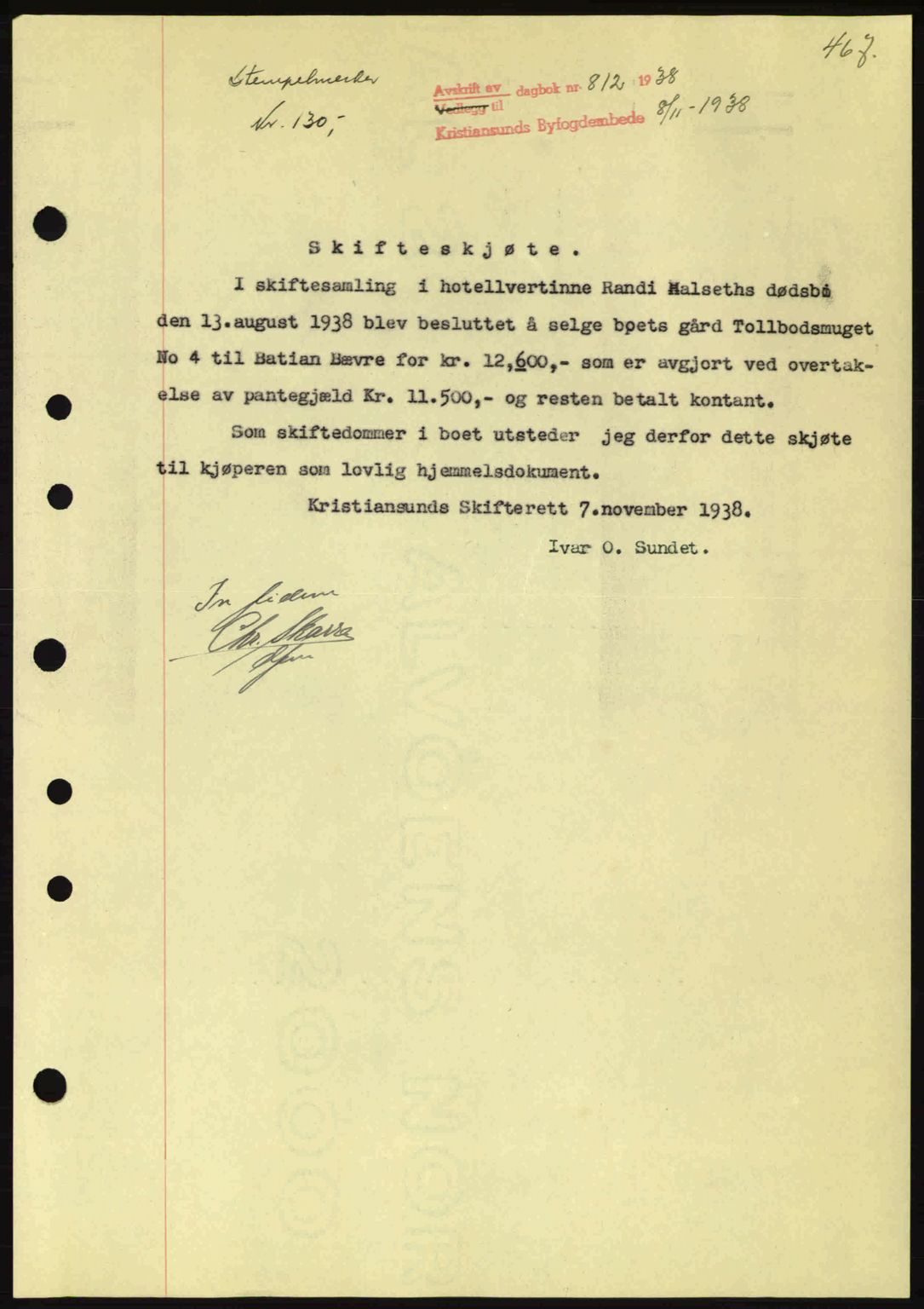 Kristiansund byfogd, AV/SAT-A-4587/A/27: Mortgage book no. 30, 1936-1941, Diary no: : 812/1938