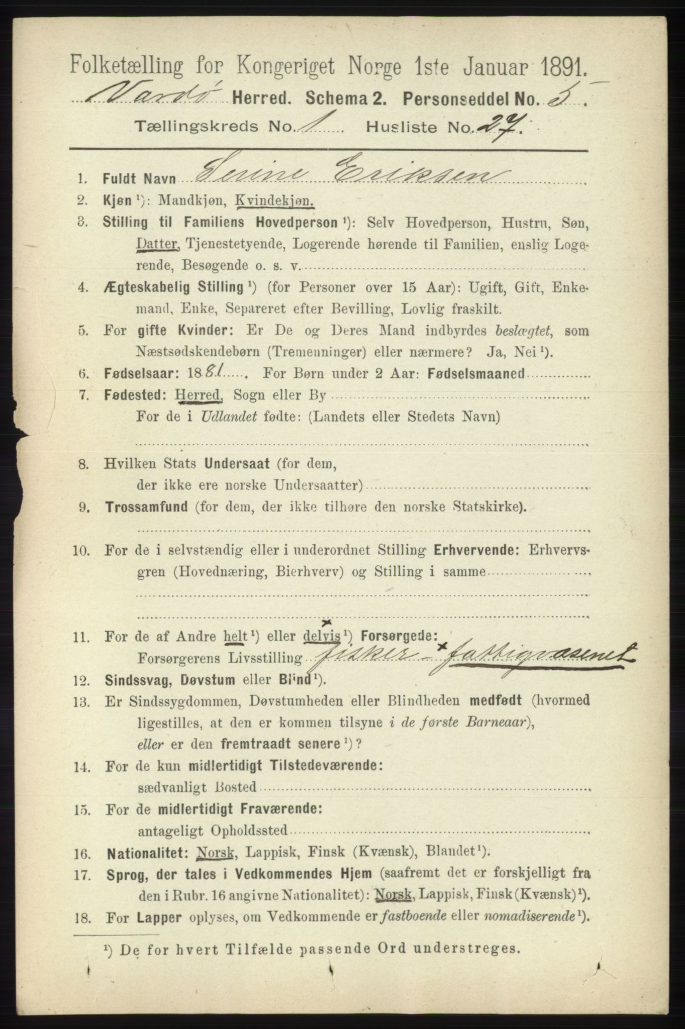 RA, 1891 census for 2028 Vardø, 1891, p. 204