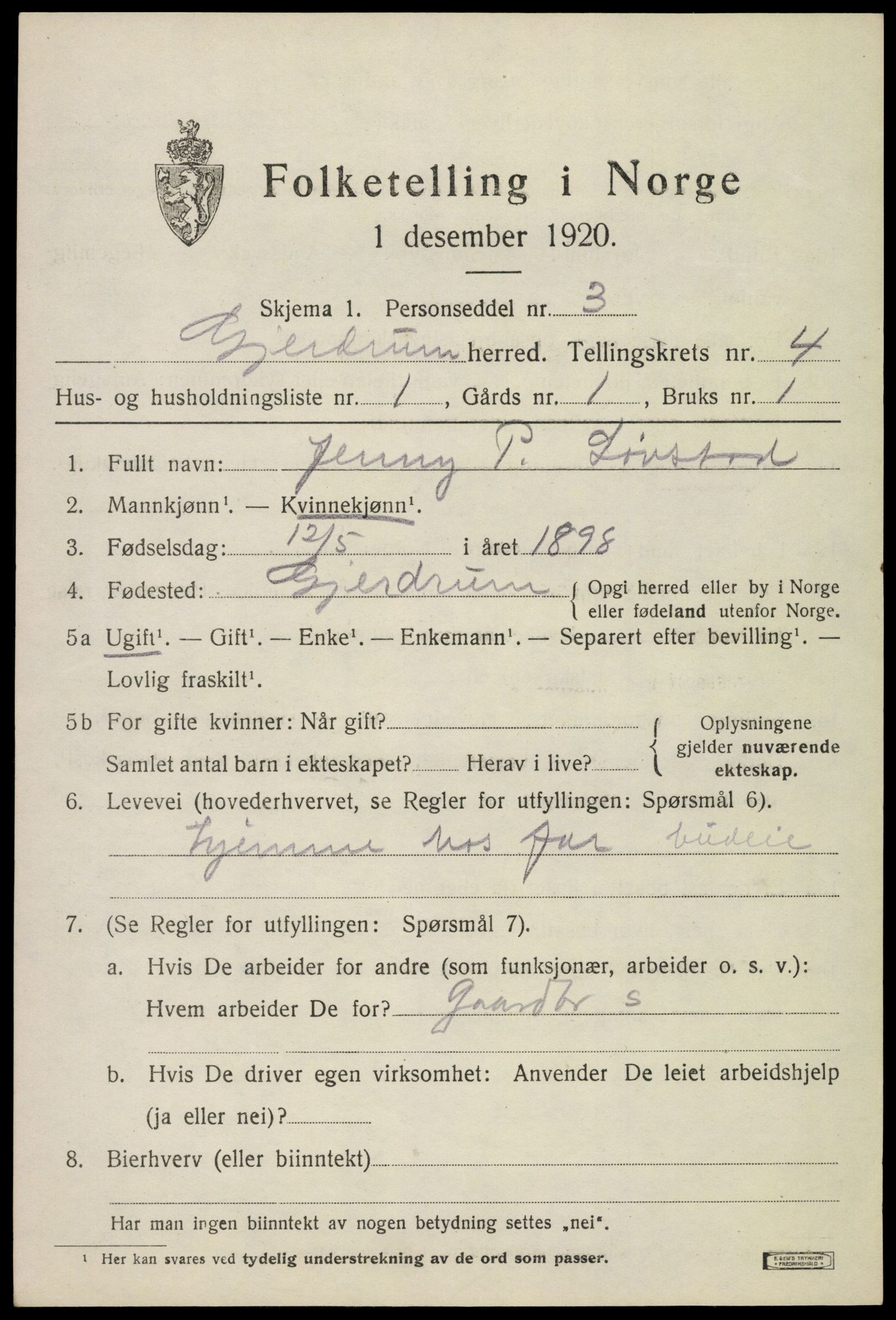 SAO, 1920 census for Gjerdrum, 1920, p. 3304