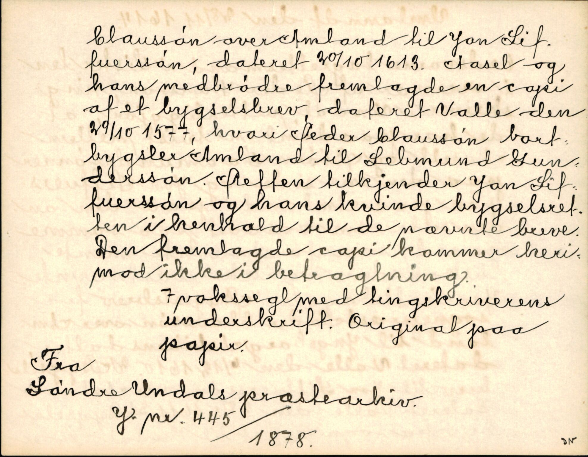 Riksarkivets diplomsamling, AV/RA-EA-5965/F35/F35k/L0003: Regestsedler: Prestearkiver fra Telemark, Agder, Vestlandet og Trøndelag, p. 308