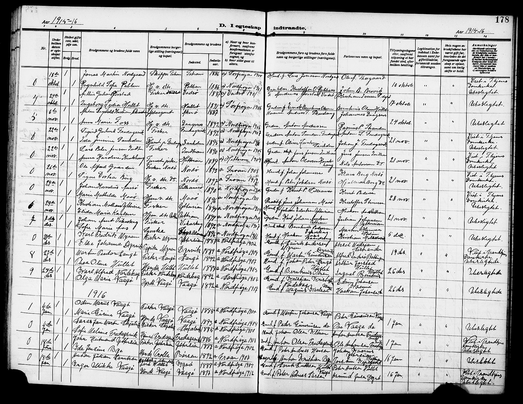 Ministerialprotokoller, klokkerbøker og fødselsregistre - Sør-Trøndelag, AV/SAT-A-1456/640/L0588: Parish register (copy) no. 640C05, 1909-1922, p. 178