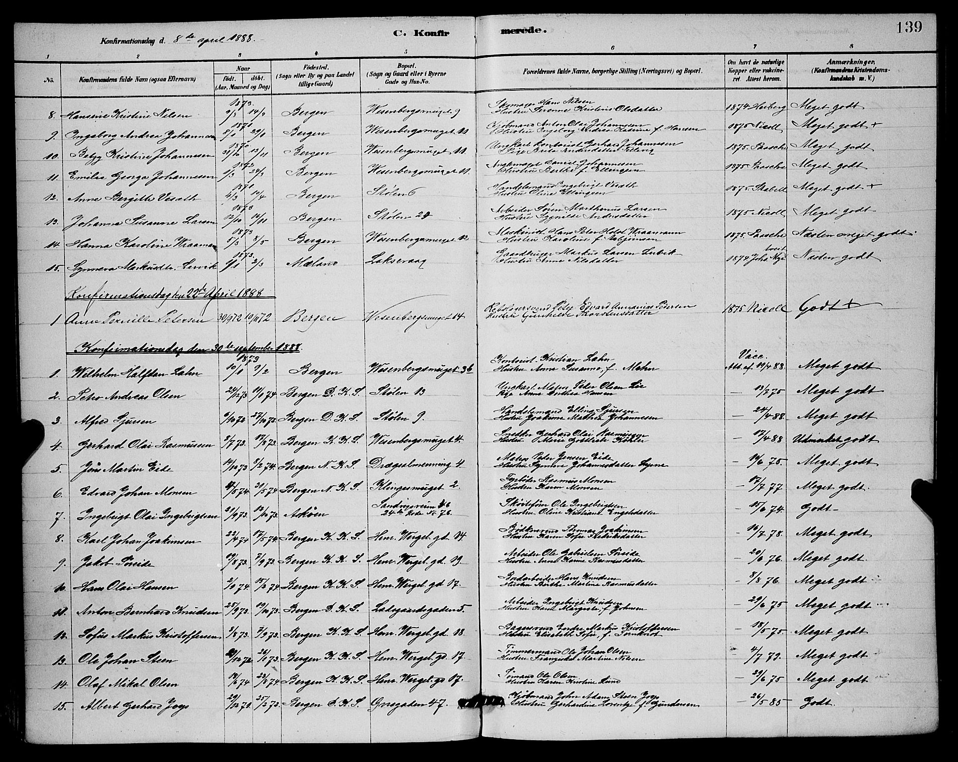 Mariakirken Sokneprestembete, AV/SAB-A-76901/H/Hab/L0004: Parish register (copy) no. A 4, 1878-1892, p. 139