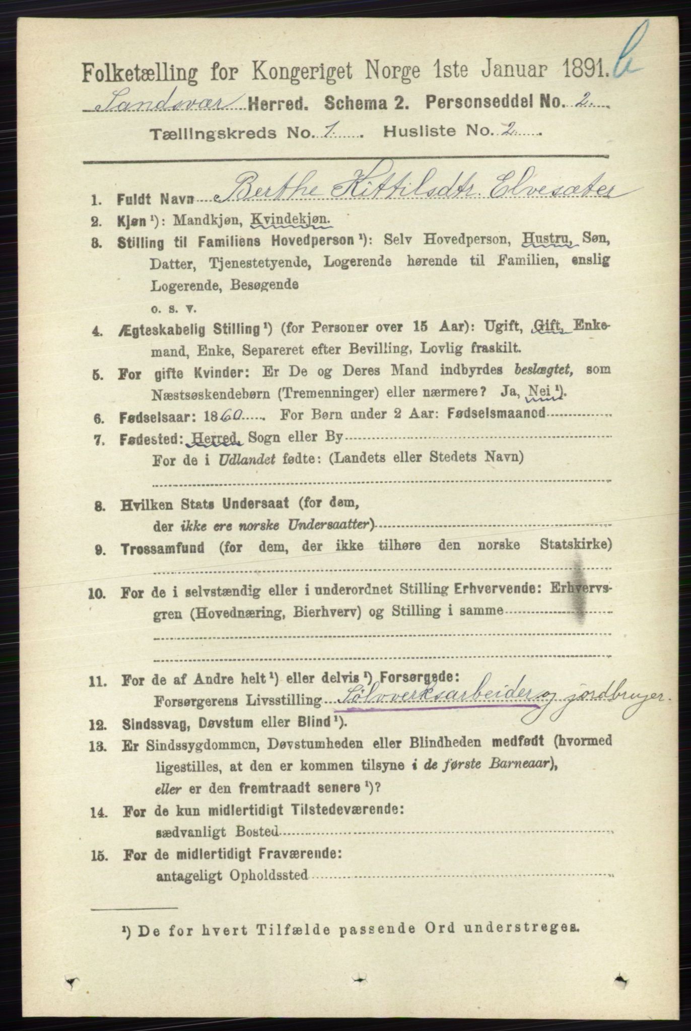 RA, 1891 census for 0629 Sandsvær, 1891, p. 5558